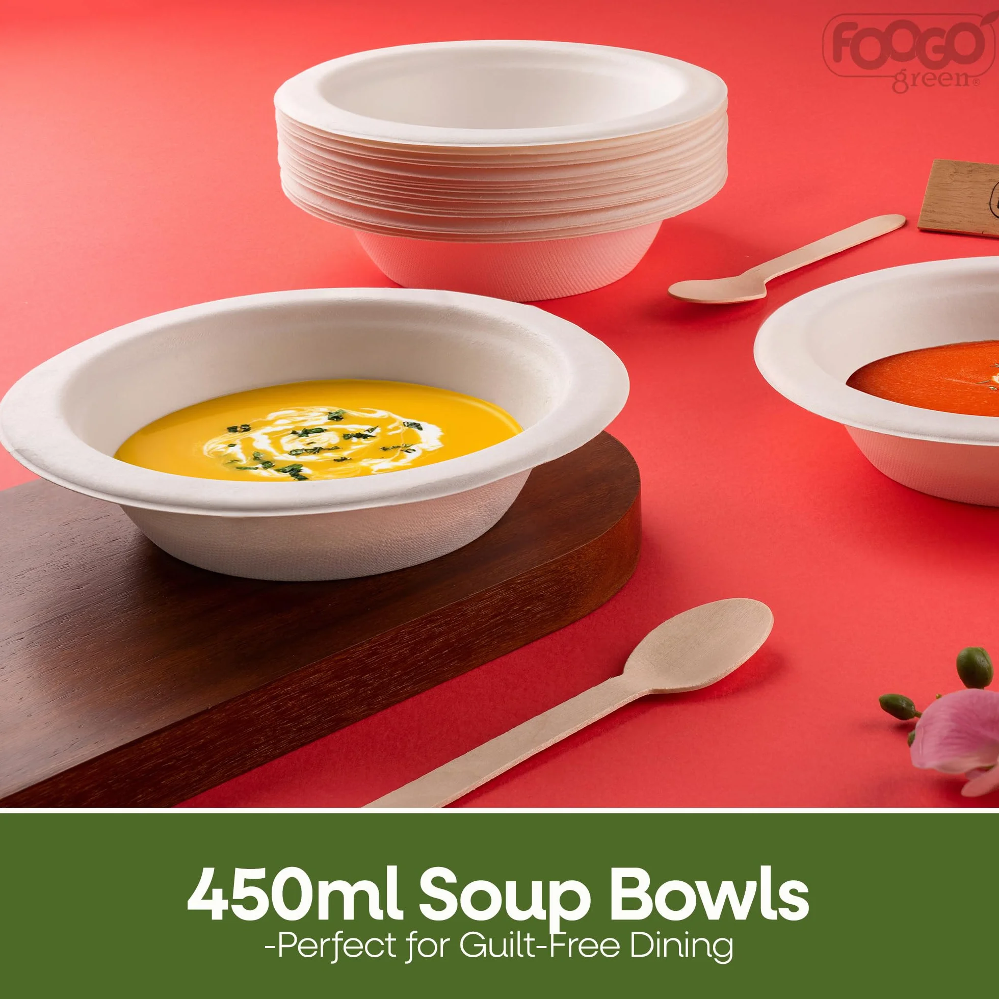 FOOGO Green 50 Ciotole Monouso in Fibra di Canna da Zucchero 450 ml 18cm Biodegradabili