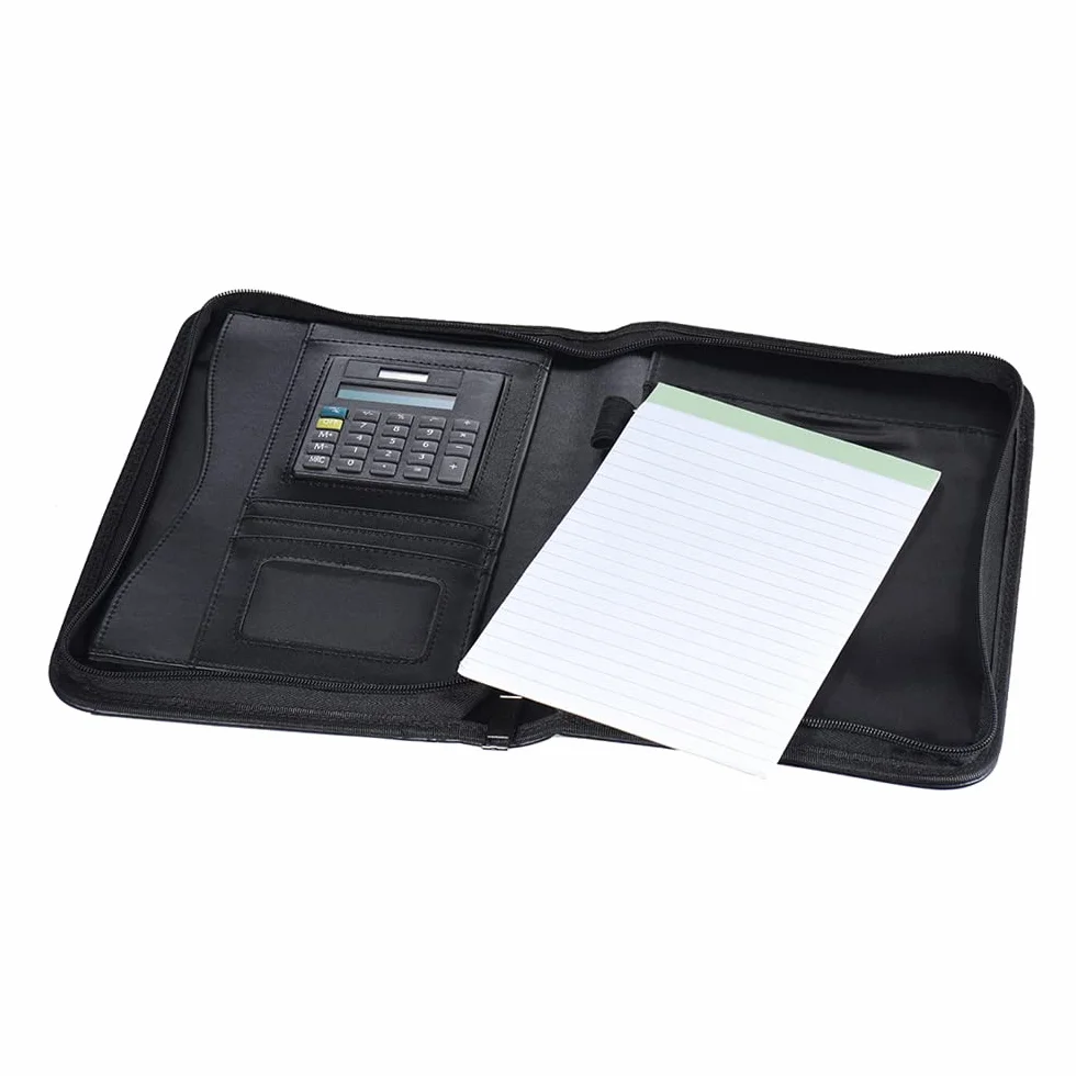 Portafoglio Portatile, Cartella Portadocumenti in Pelle PU A5 con Calcolatrice, Chiusura con Cerniera, Organizer per Documenti, Porta Tessere, Blocco Note per Uomo e Donna,