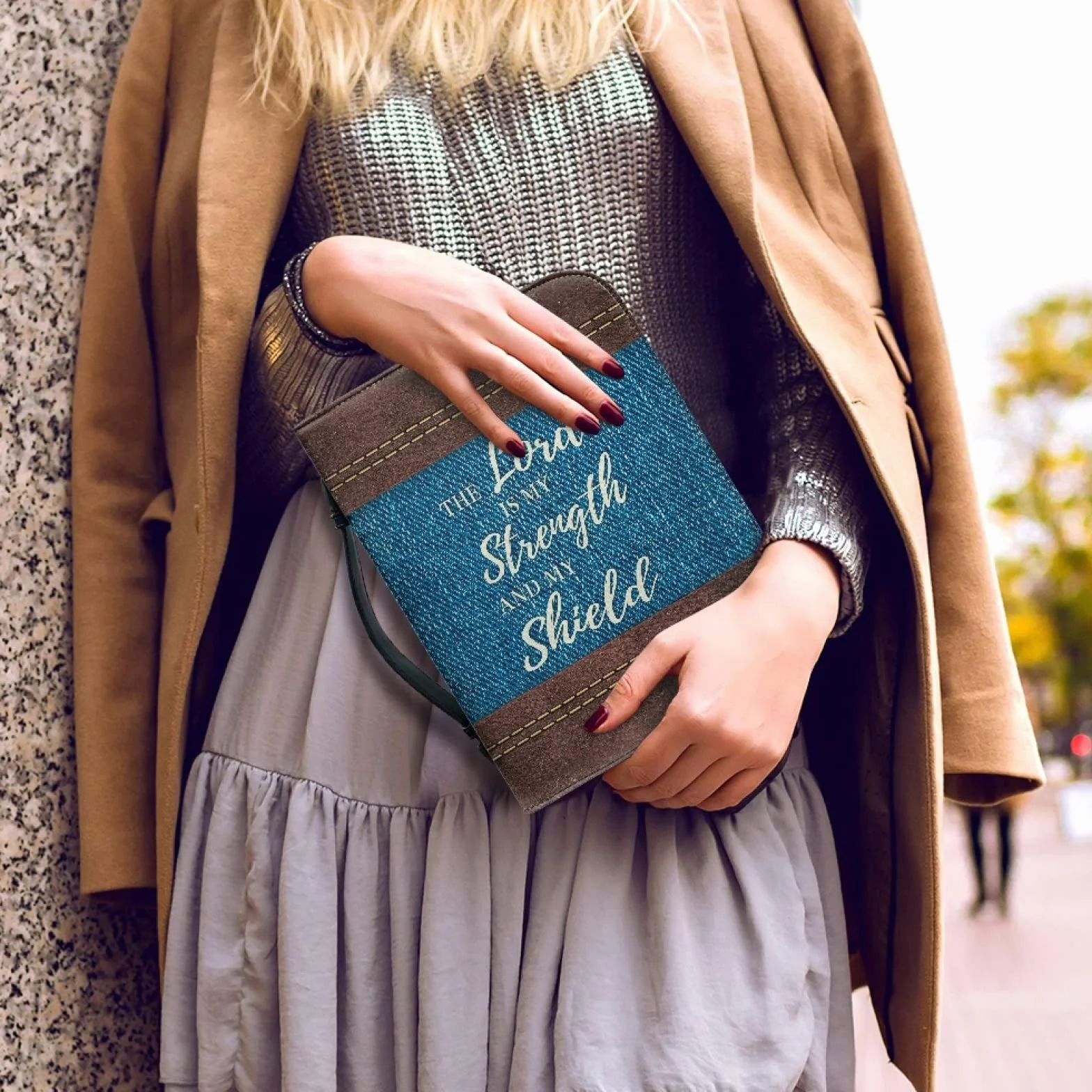 Custodia Bibbia in pelle grande con cerniera personalizzata borsa biblica donna Blu L