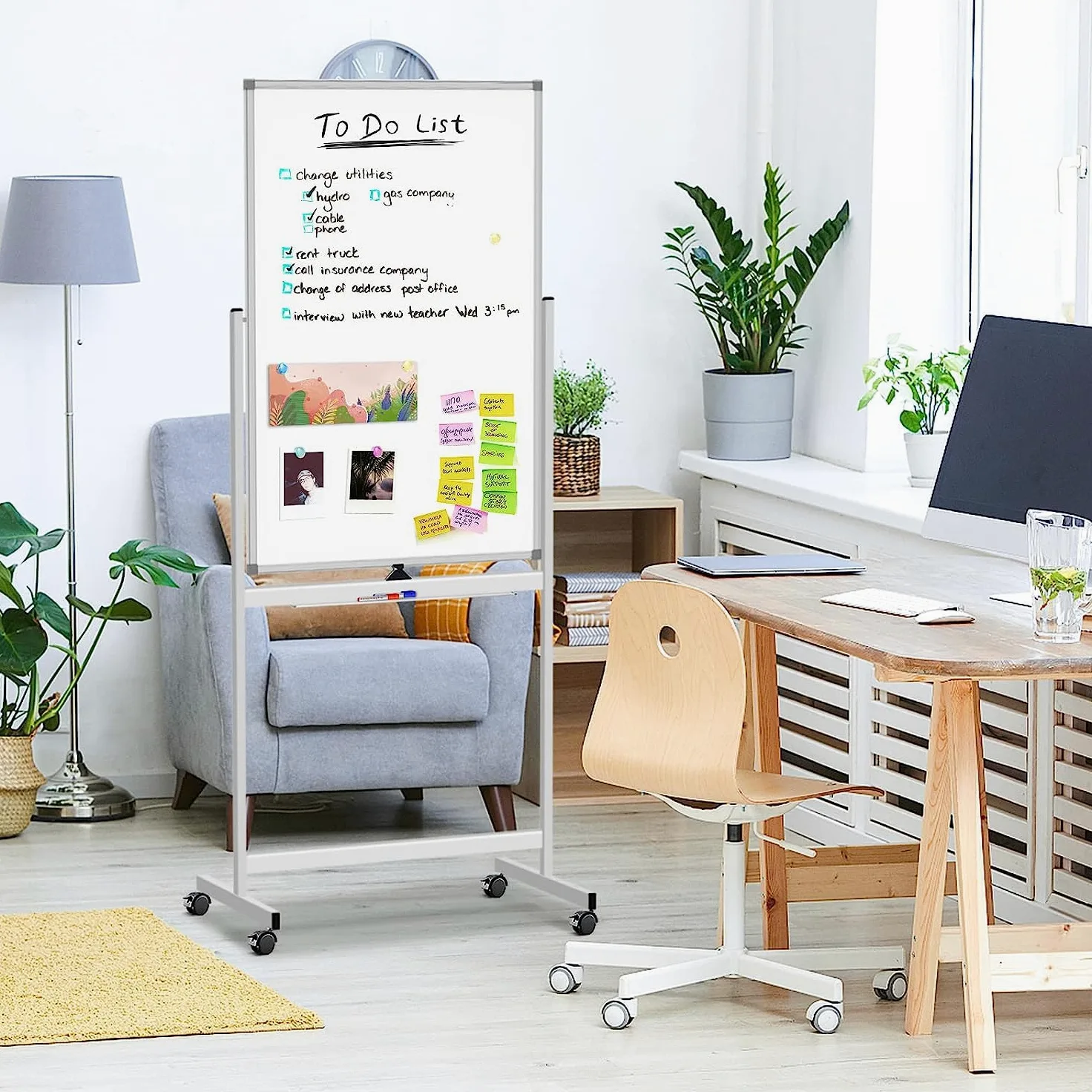 Techly 367690 Lavagna Magnetica Bifacciale 60x100 cm con Ruote e Mensola per Pennarelli con Ganci Portablocco
