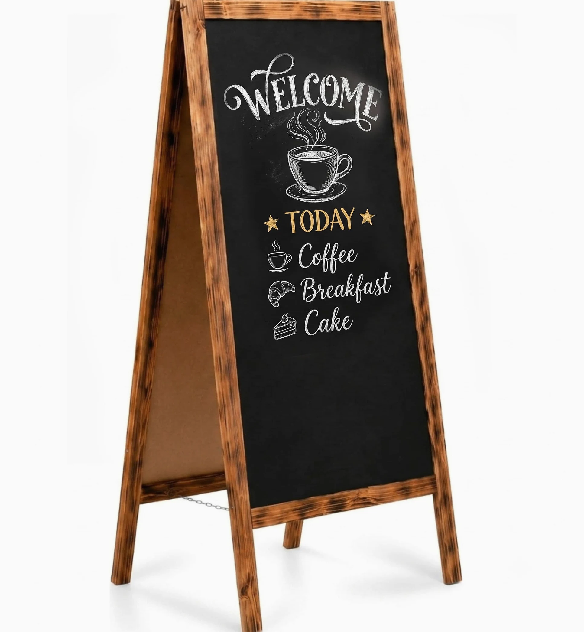 VELORA H&L Lavagna da Esterno 70 x 160 cm Legno Bruciato – Lavagna Bifacciale in Legno con Cavalletto per Ristorante Bar e Negozio, Lavagna Menu Pieghevole, Cavalletto Pubblicitario
