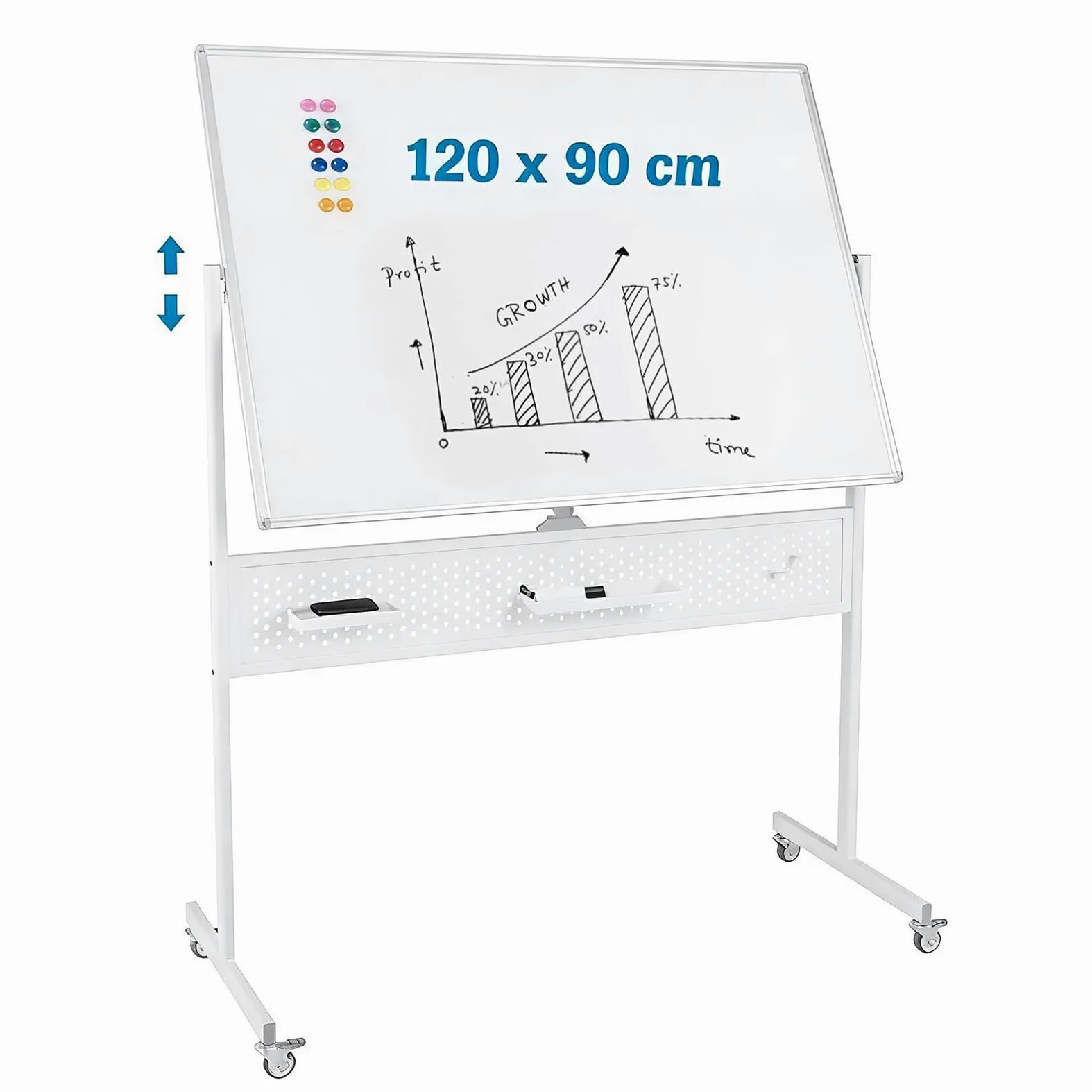 COSTWAY Lavagna Bianca Mobile 120 x 90 cm, Lavagna Magnetica Cancellabile a Secco con Pannello Forato, Cavalletto e Ruote,Doppia Faccia Altezza Regolabile, Accessori Completi (Bianco)