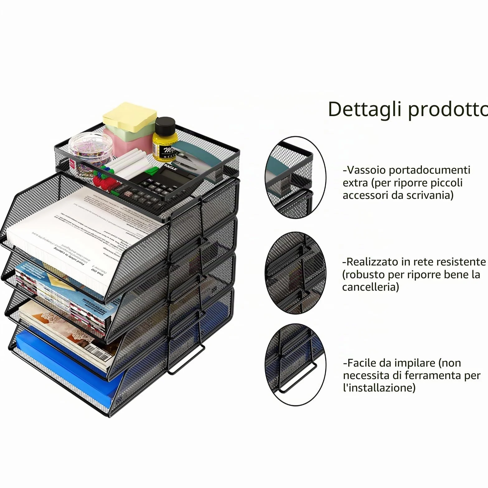 TQVAI 4 Ripiani Metallo Portadocumenti da Scrivania, Organizer Scrivania, Portariviste Organizer Documenti A4 per Scuola Cancelleria, Casa, Ufficio, Nero