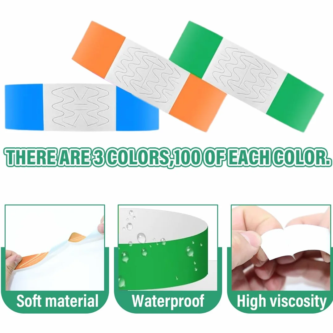 Braccialetti Carta Eventi Impermeabili Colorati 300Pz Identificazione Parchi Divertimento 25x1,9cm 3 Colori
