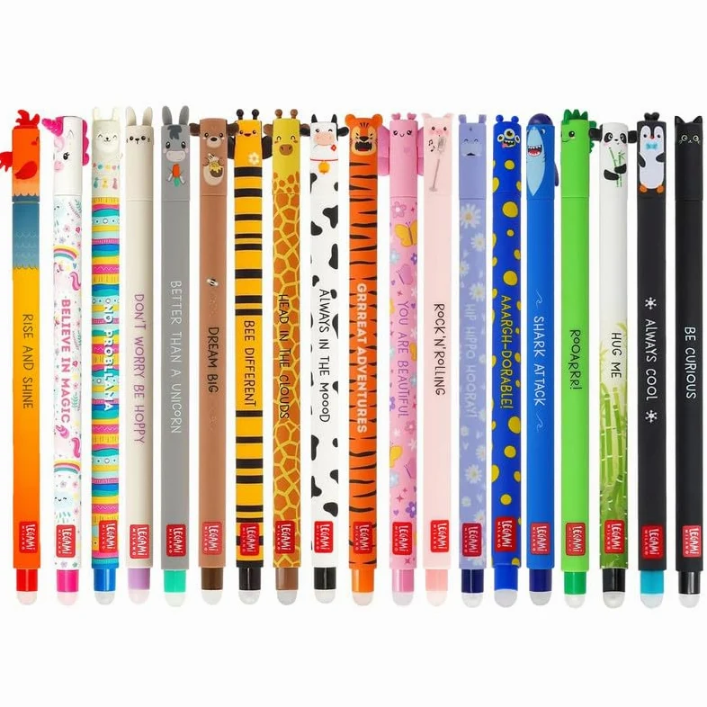 LEGAMI - Set di 19 penne gel cancellabili con inchiostro termosensibile, gamma di colori di inchiostro e design del fusto, punta da 0,7 mm, motivi di animali