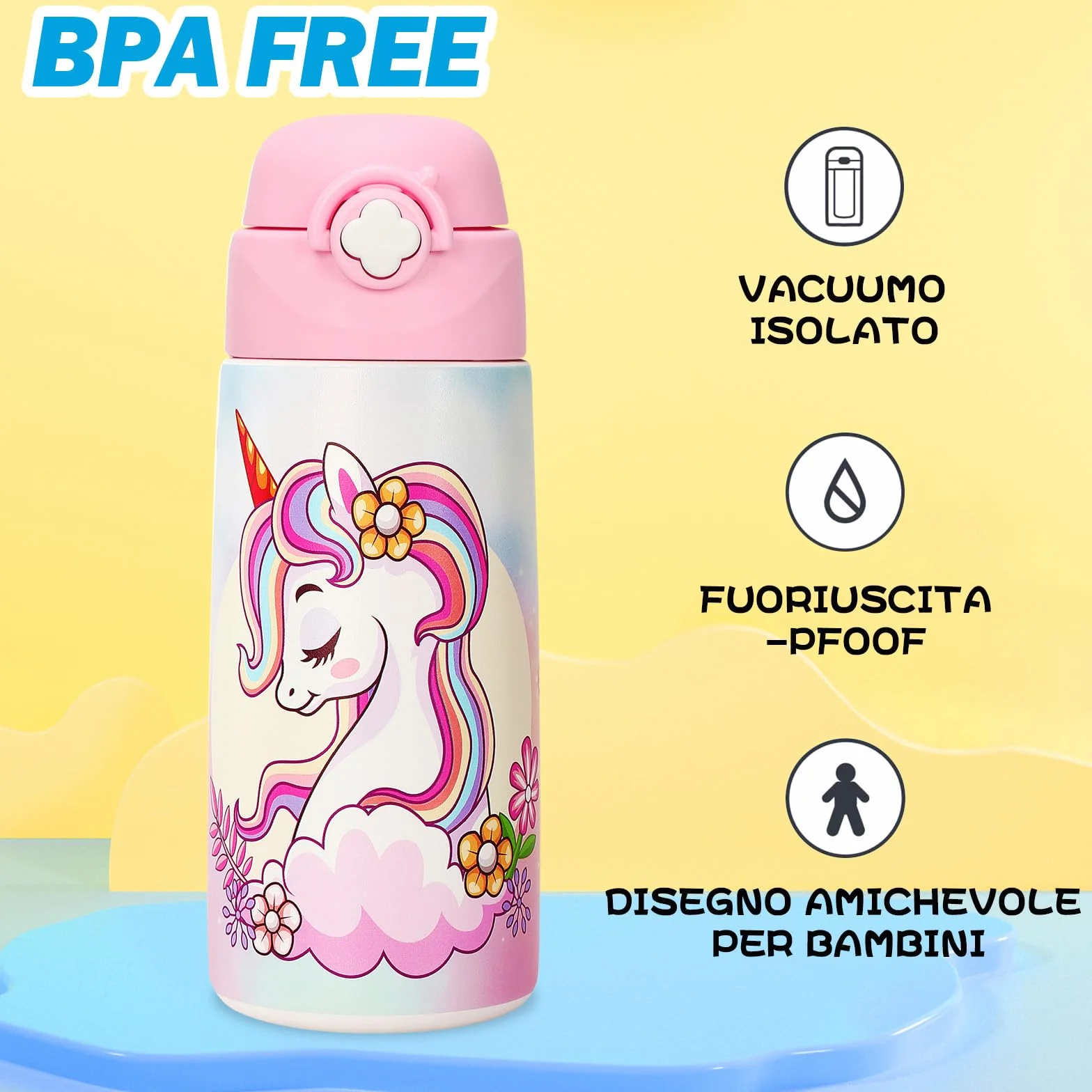 Borraccia Termica Bambini In Acciaio Inox 500 Ml Senza Bpa Bottiglia Acqua Con Cannuccia A Prova Di Perdite Unicorno