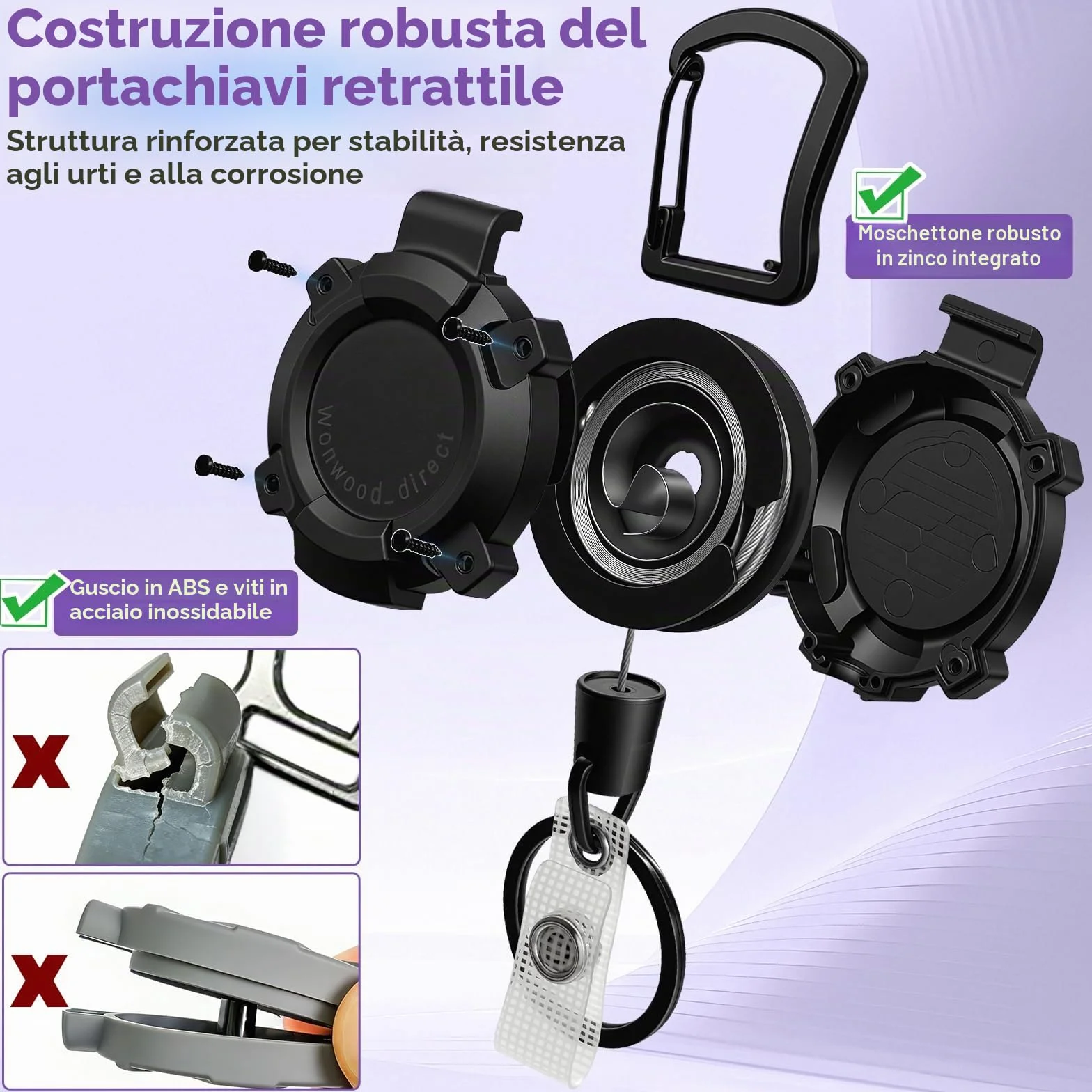 Porta badge retrattile 2 pezzi portachiavi allungabile filo acciaio 80 cm per campeggio escursionismo