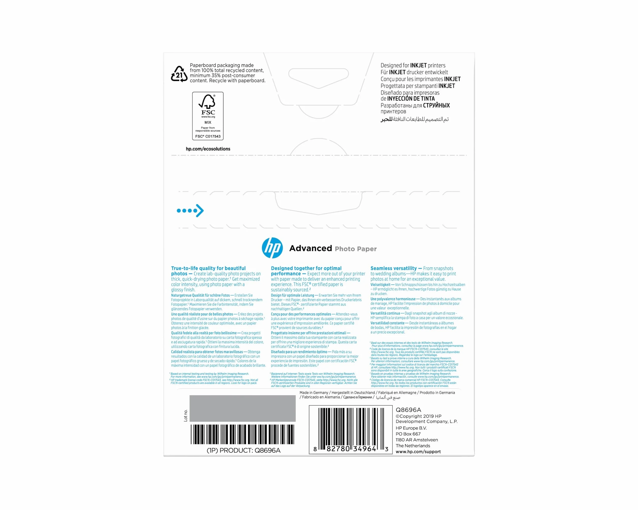 HP Carta fotografica lucida Q8696A 250 g/m2 13x18 cm 25 fogli