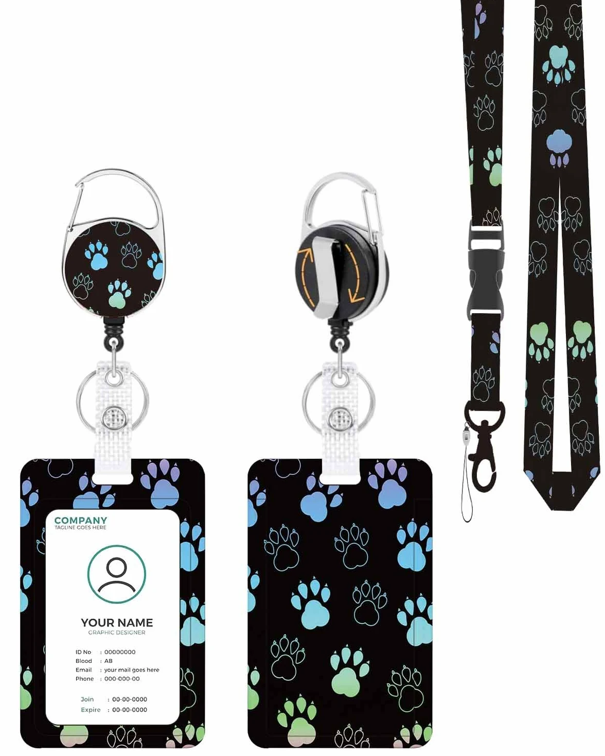 Porta badge con cordino, cordino staccabile e clip retrattile per badge, clip verticale per protezione ID per uomo, donna, insegnanti, studenti, impiegati, infermieri, colore sfumato con impronte di