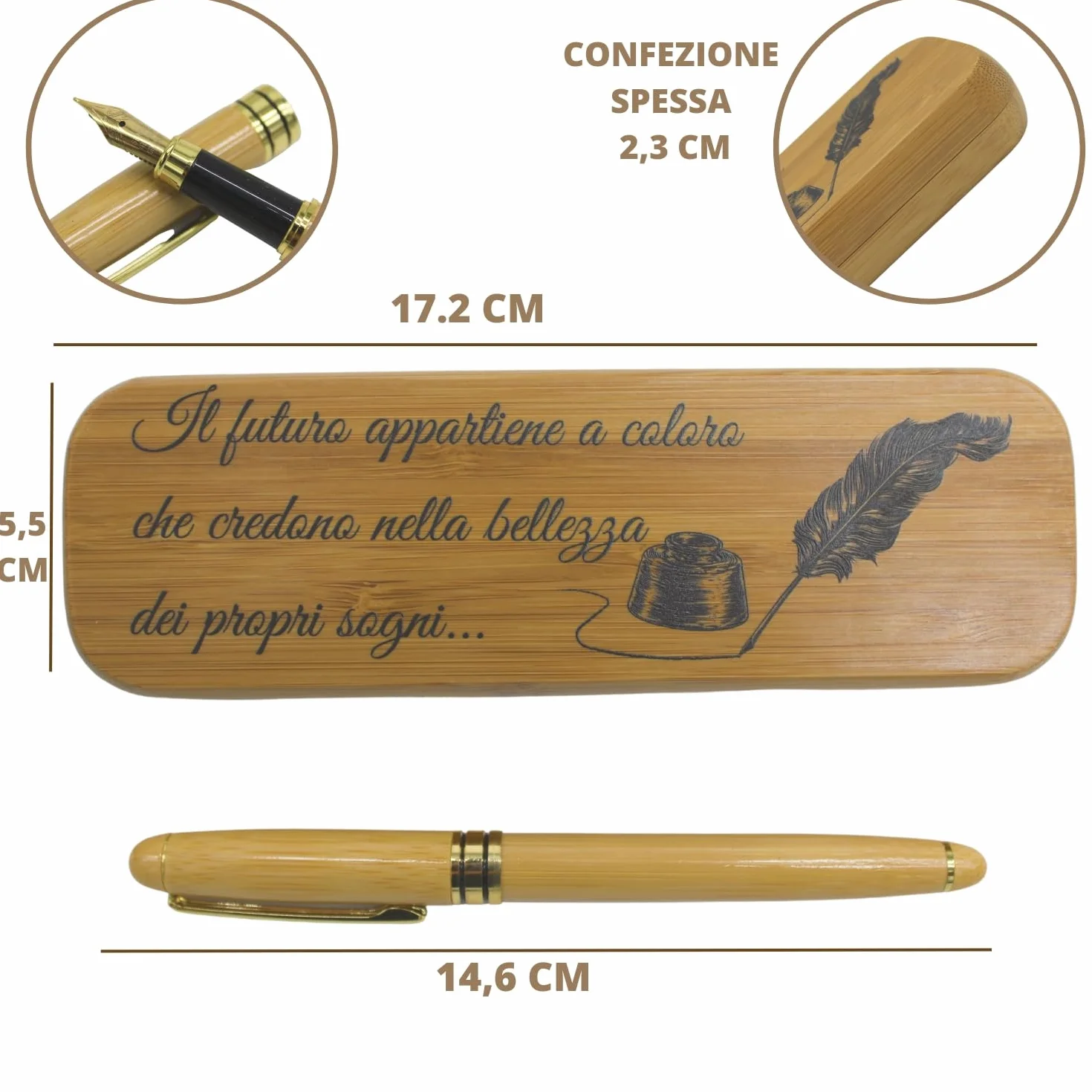 Amore Legno Sforza Penna Stilografica Elegante, Regalo Uomo Donna Laurea Compleanno con Frasi Motivazionali, Scatola Bamboo