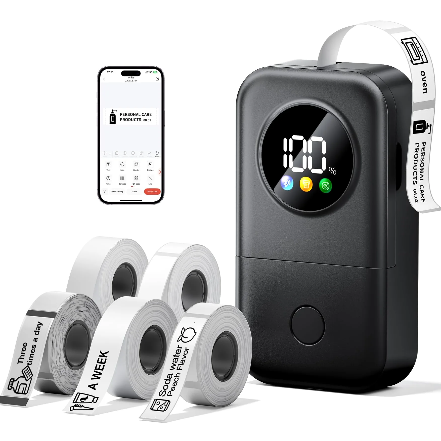 Phomemo D30D Etichettatrice con 5 Etichette, Schermo LED Intelligente, Nero | Mini Bluetooth Portatile Stampante Etichette Autoadesive per Ritorno a Scuola, Casa e Ufficio