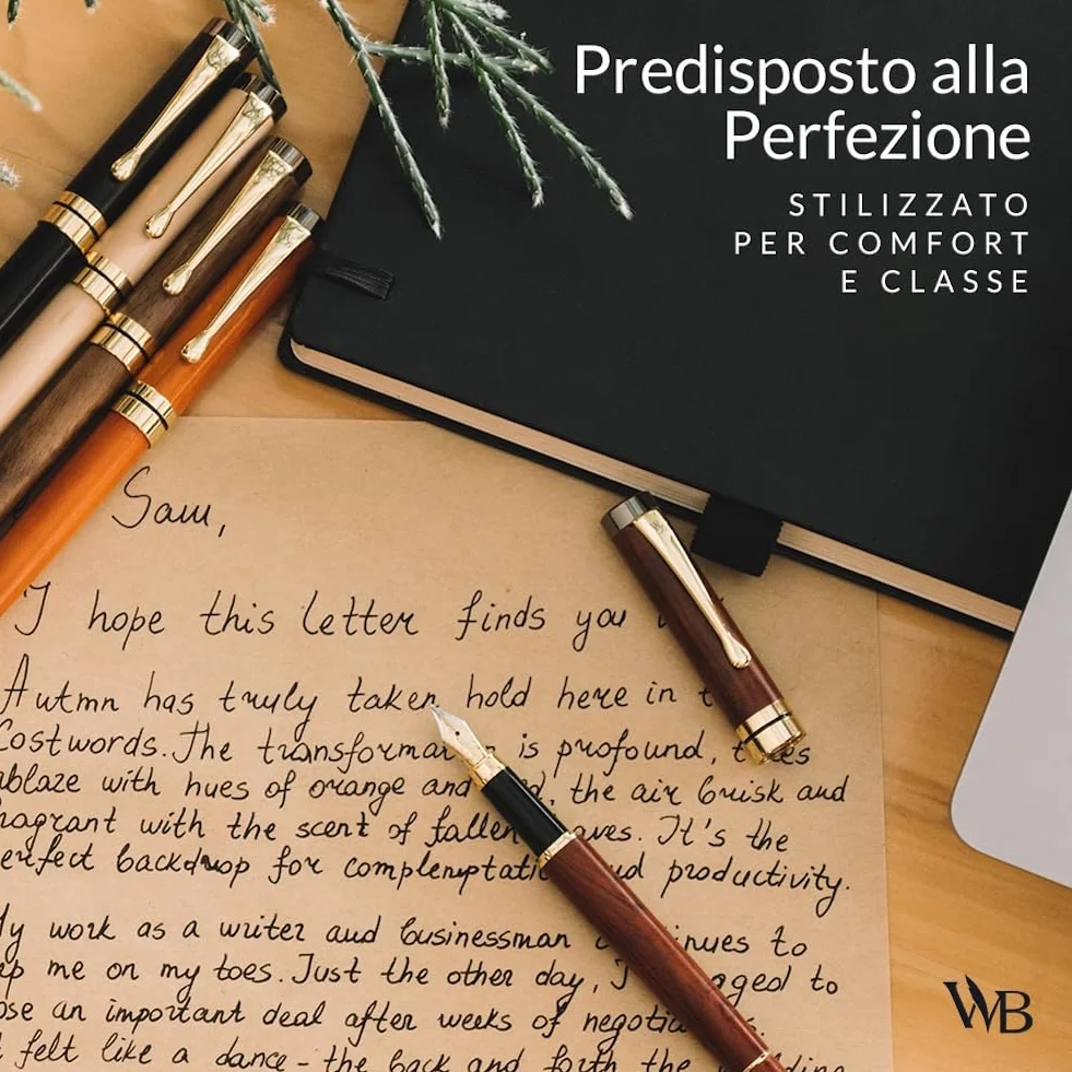 Wordsworth & Black Set penne stilografiche legno di bambù premium pennino medio custodia regalo 6 cartucce inchiostro convertitore ricariche Palissandro