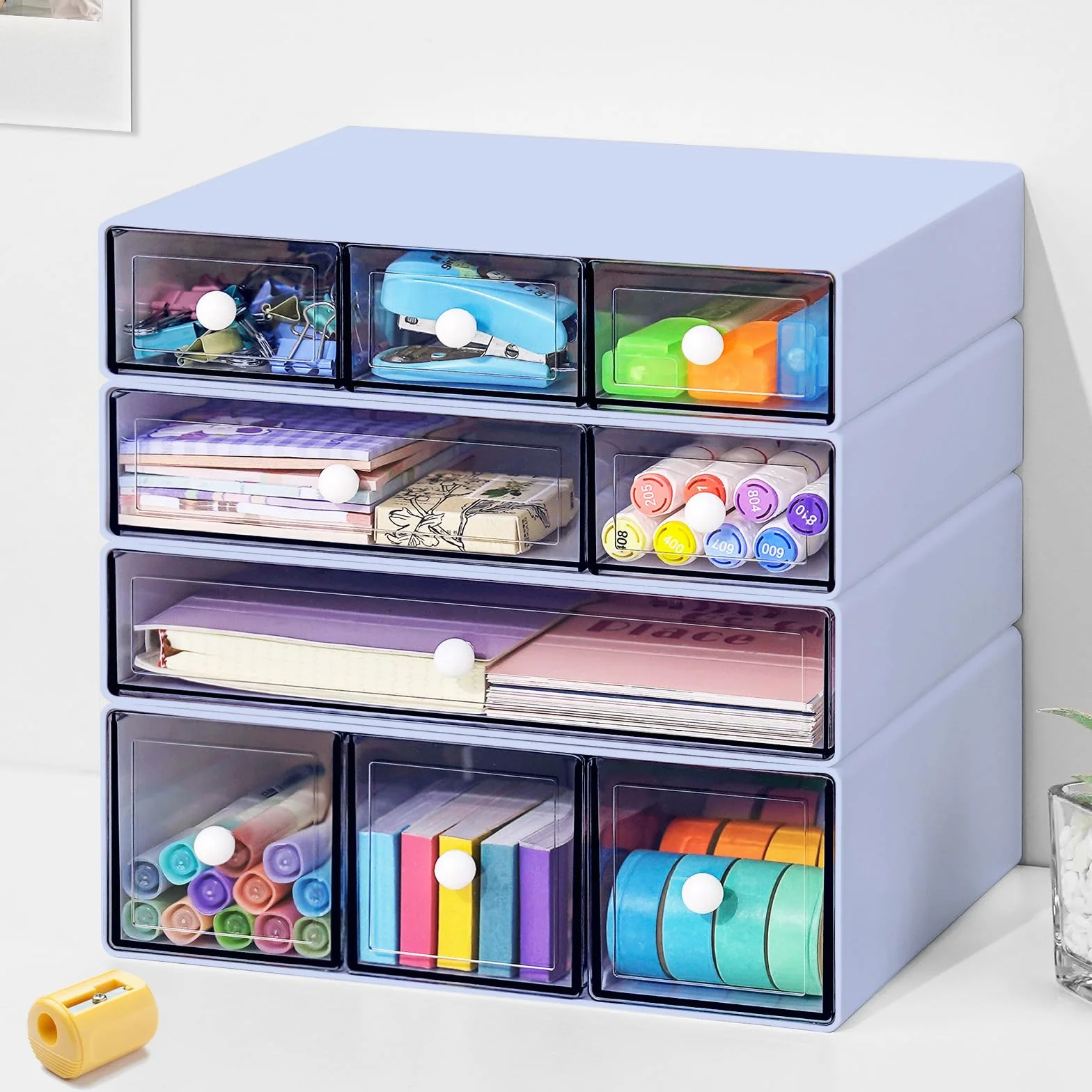 Organizer da scrivania con 9 cassetti, 4 cassetti impilabili in plastica per scrivania, cancelleria da ufficio, organizer per trucchi, adatto per casa, ufficio e scuola