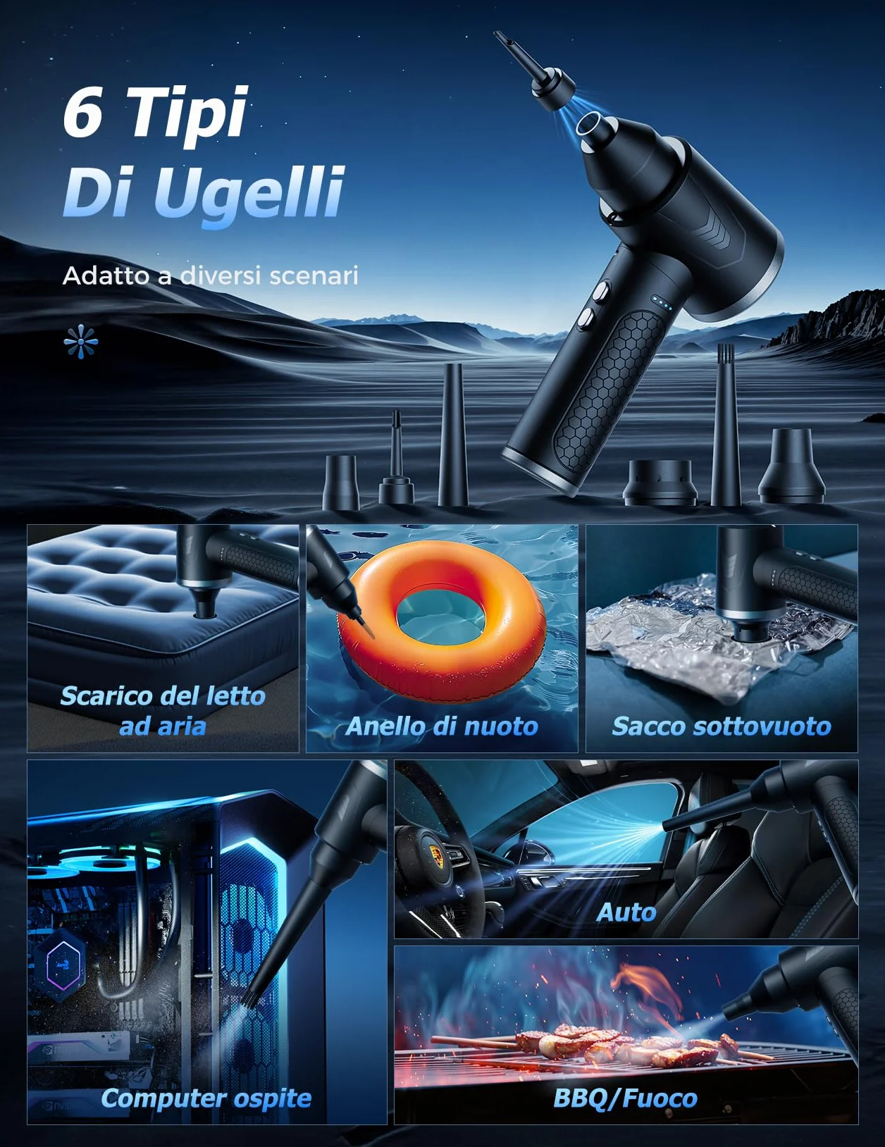 Aria Compressa Elettrico 3 Velocità con Luce LED, 100.000 Giri/Min, Batteria 9000 mAh, Kit Pulizia PC