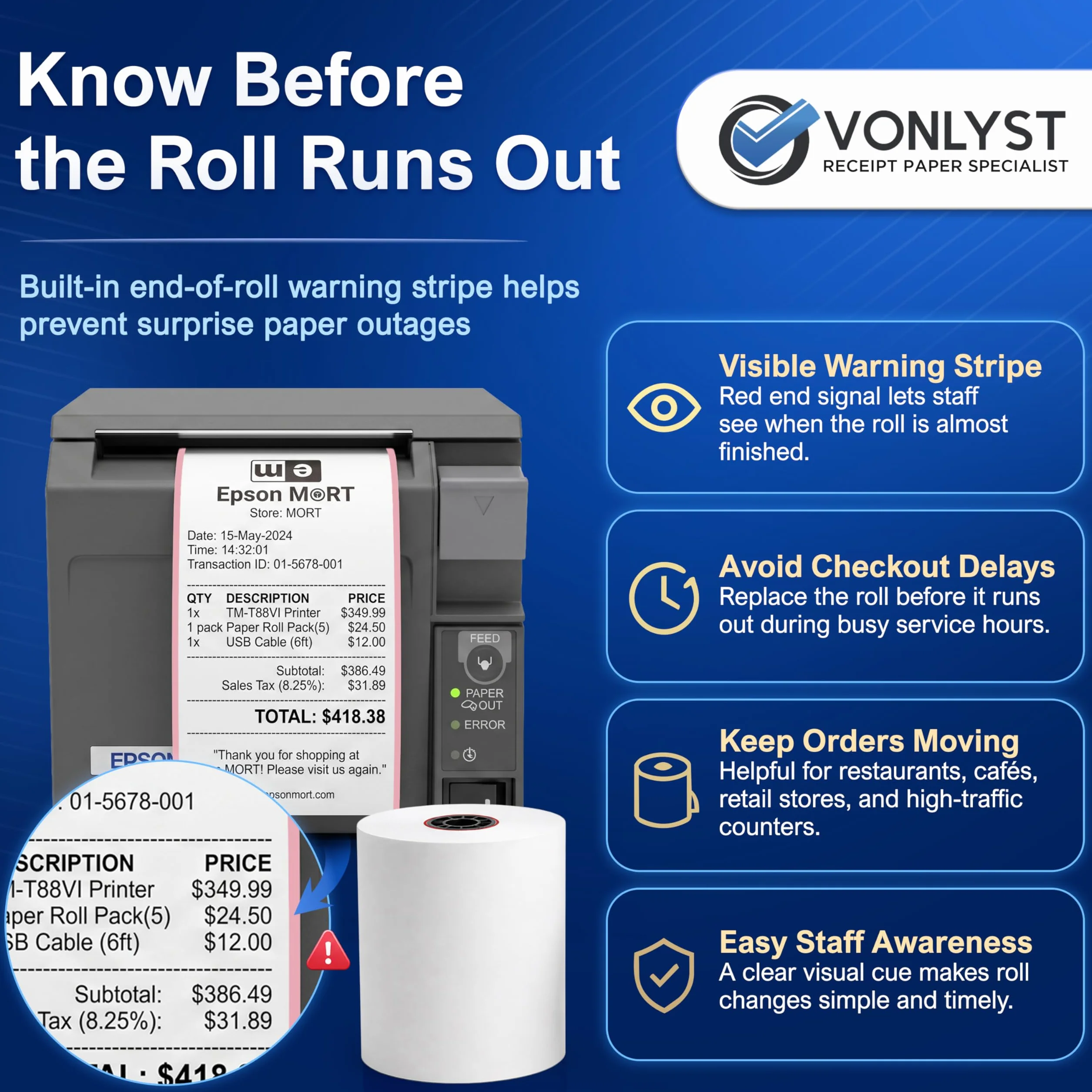 Rotoli termici POS per stampanti Epson, senza BPA, compatibili con TM-T88, TM-T70, TM-T80, TM-T85, TM-H6000, T90, per macchine per carte di credito e stampanti POS, confezione da 12
