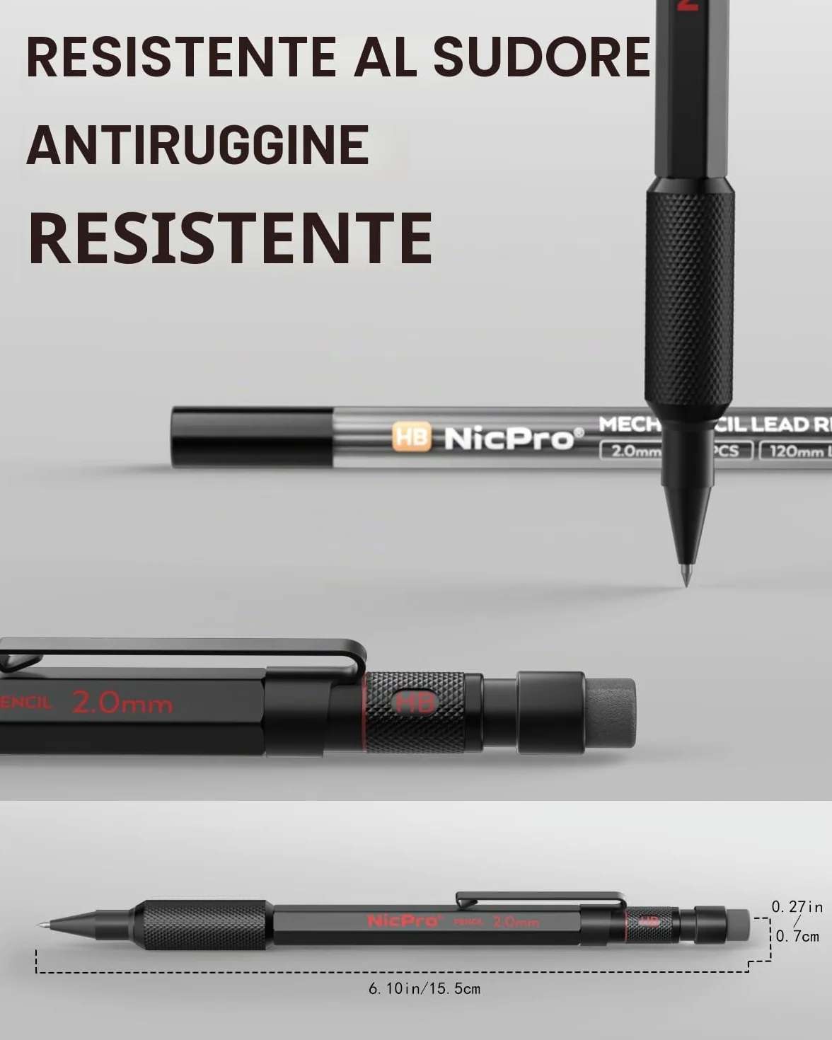 Nicpro Portamine 2 mm MP2000 con Custodia, 12 Ricariche Nera e Colorata, Gomme - Portamine in Metallo Resistente Alle Intemperie