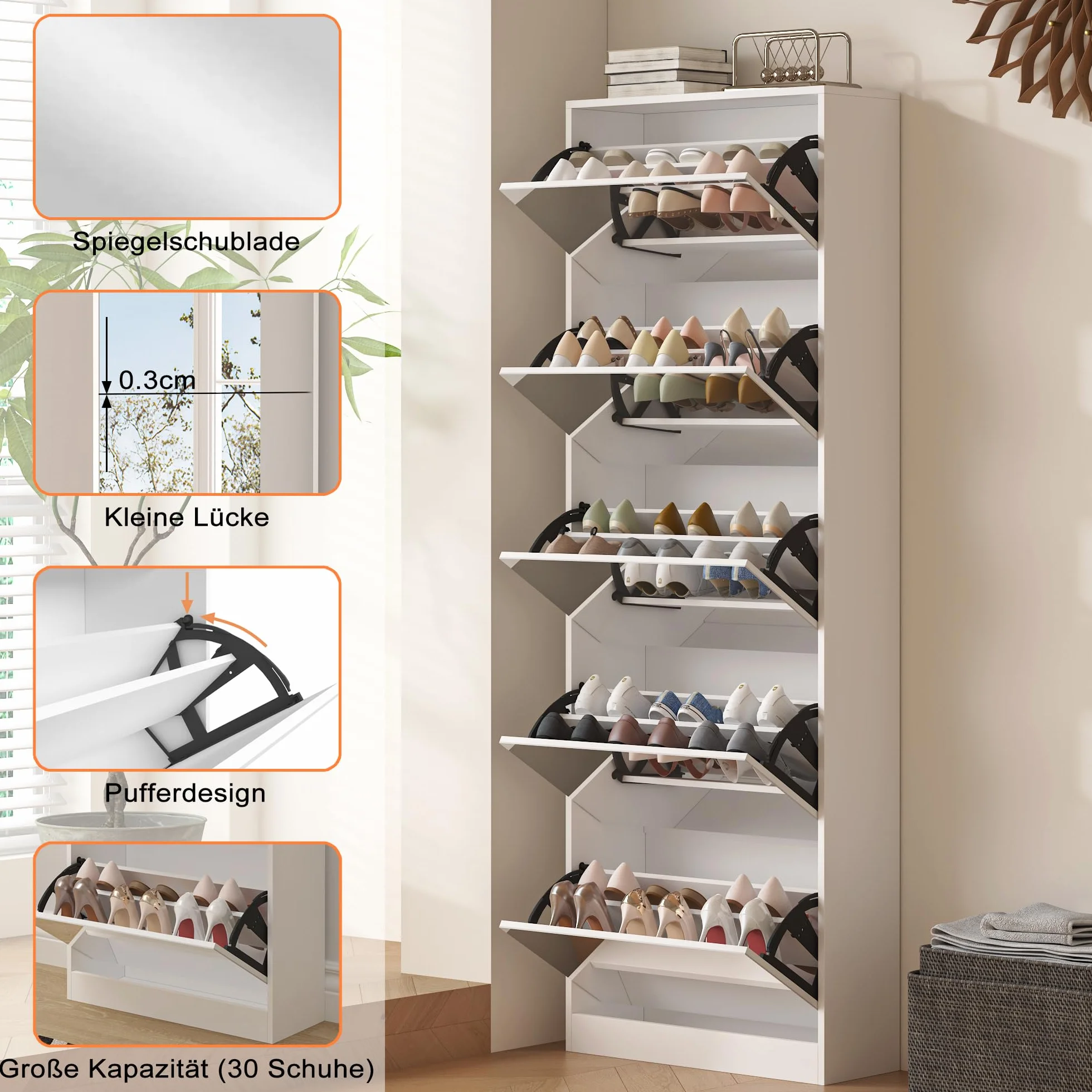 MURUL - Armadietto per scarpe con effetto specchio a 5 cassetti a ribalta, armadio per scarpe a due piani, armadio per scarpe con effetto specchio, ingresso, armadio per scarpe a ribalta indipendente