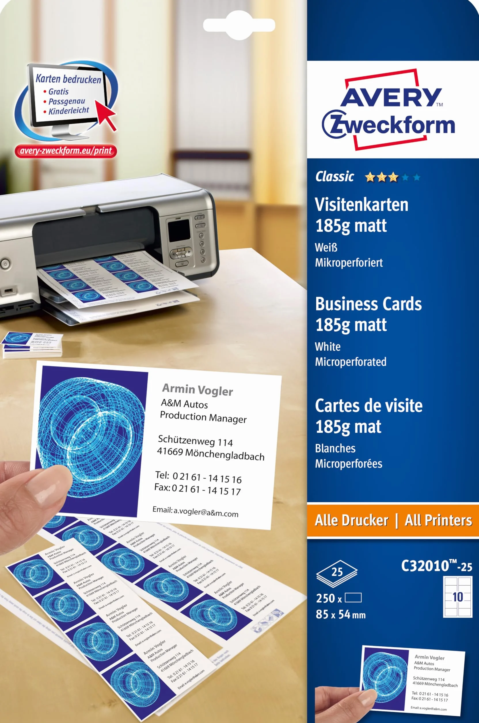 Avery C32010-25 Cardboard Business Cards, Opaco, Bianco, 85 x 54 mm, 250 pcs