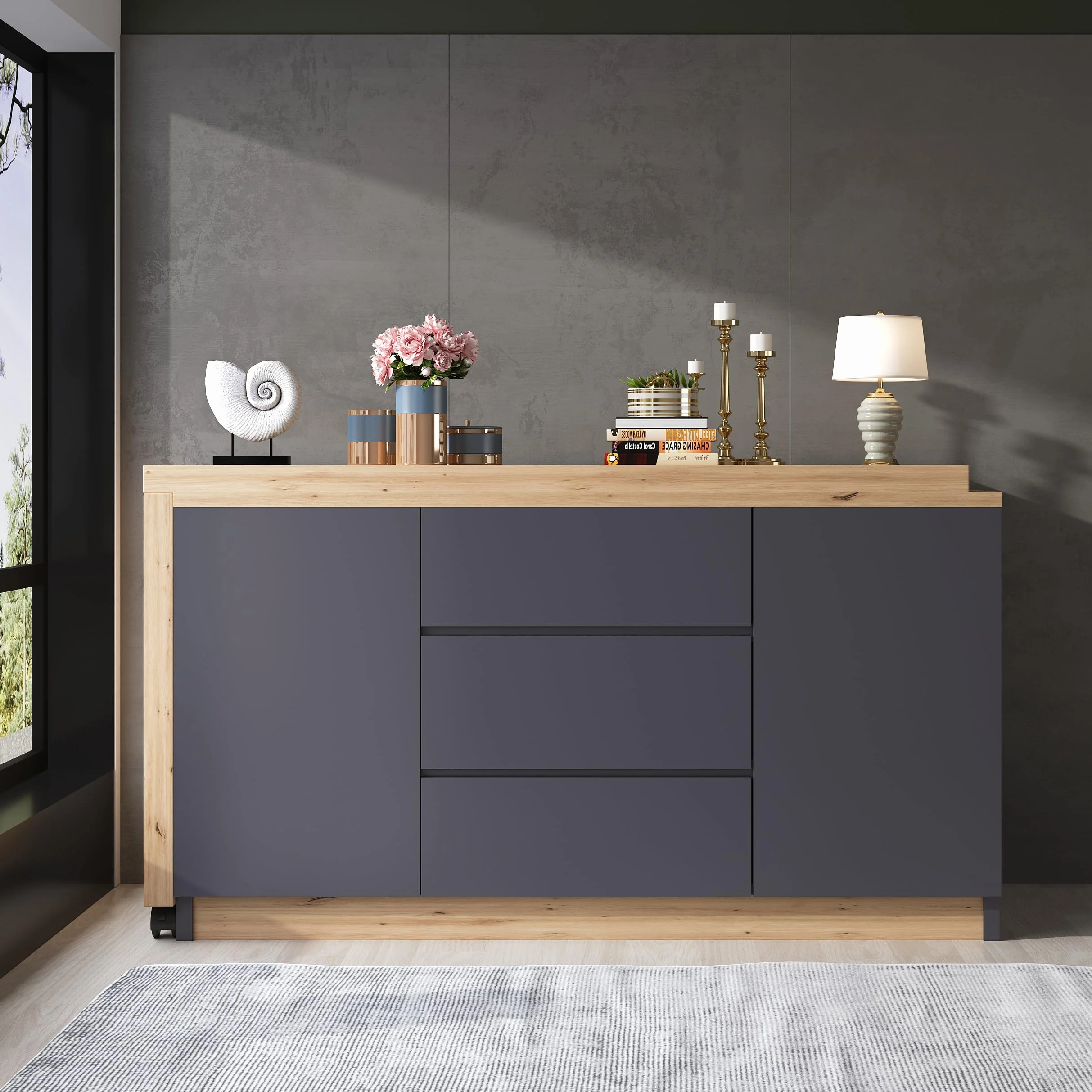 Scrivania con ruote bloccabili, design multifunzionale, 4 cm di spessore, piano girevole bloccabile, scrivania pieghevole, scrivania angolare, credenza (grigio + rovere)