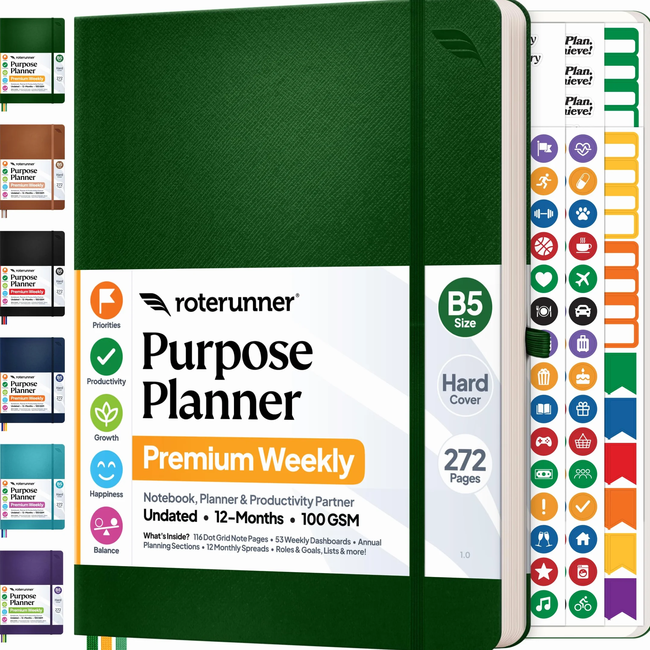 Roterunner Agenda B5, 19 x 24,9 cm, 12 mesi, non datata, 2026, giornaliera, settimanale e mensile, strumento per la definizione degli obiettivi di produttività, per lavoro, casa, ADHD, per adulti