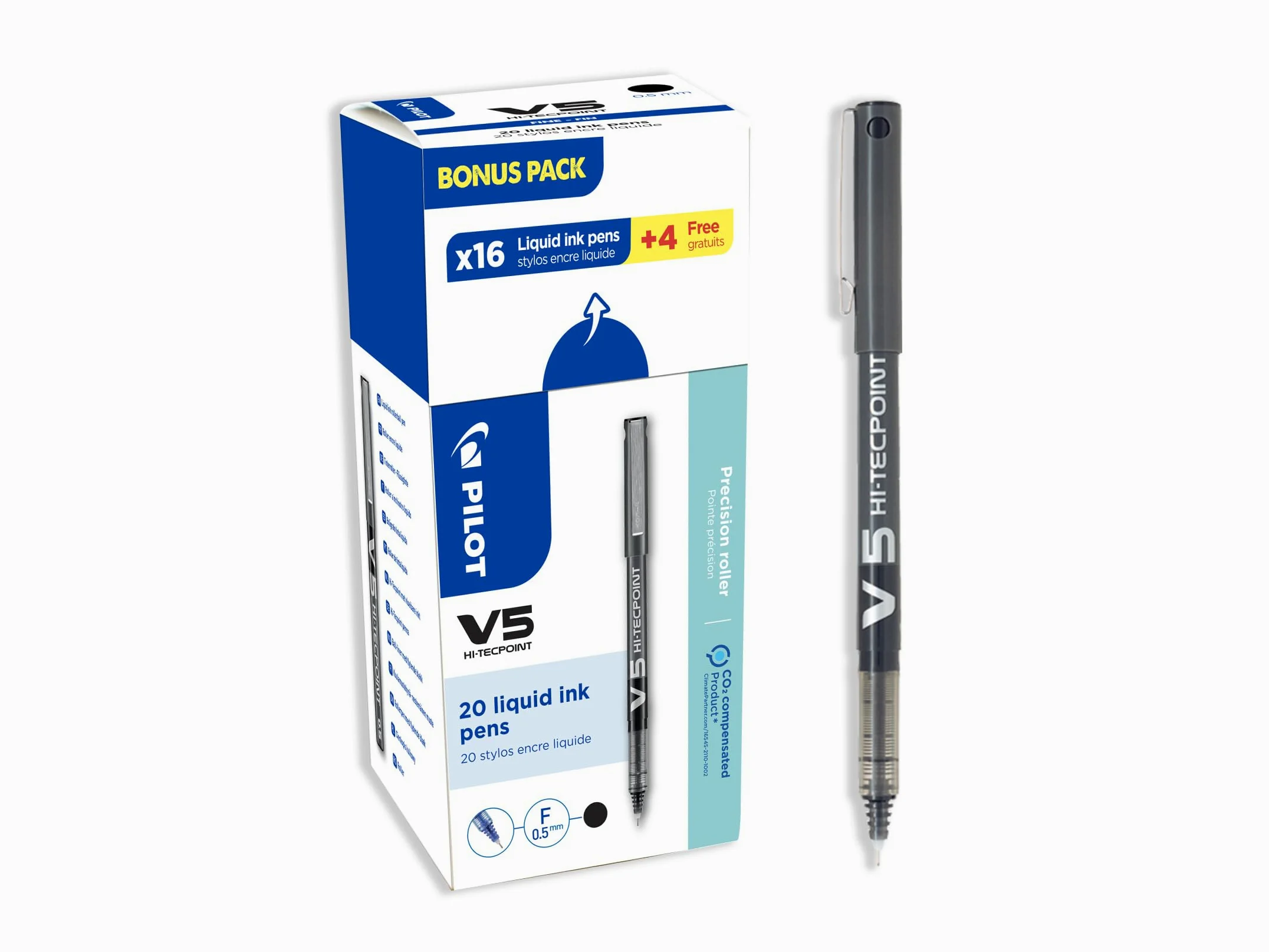 PILOT - Set di 20 V5 - Penne Roller con Inchiostro Liquido - Scrittura Fluida e Precisa - Asciugatura Rapida - Senza Sbavature - Nero - Punta Fine 0,5 mm