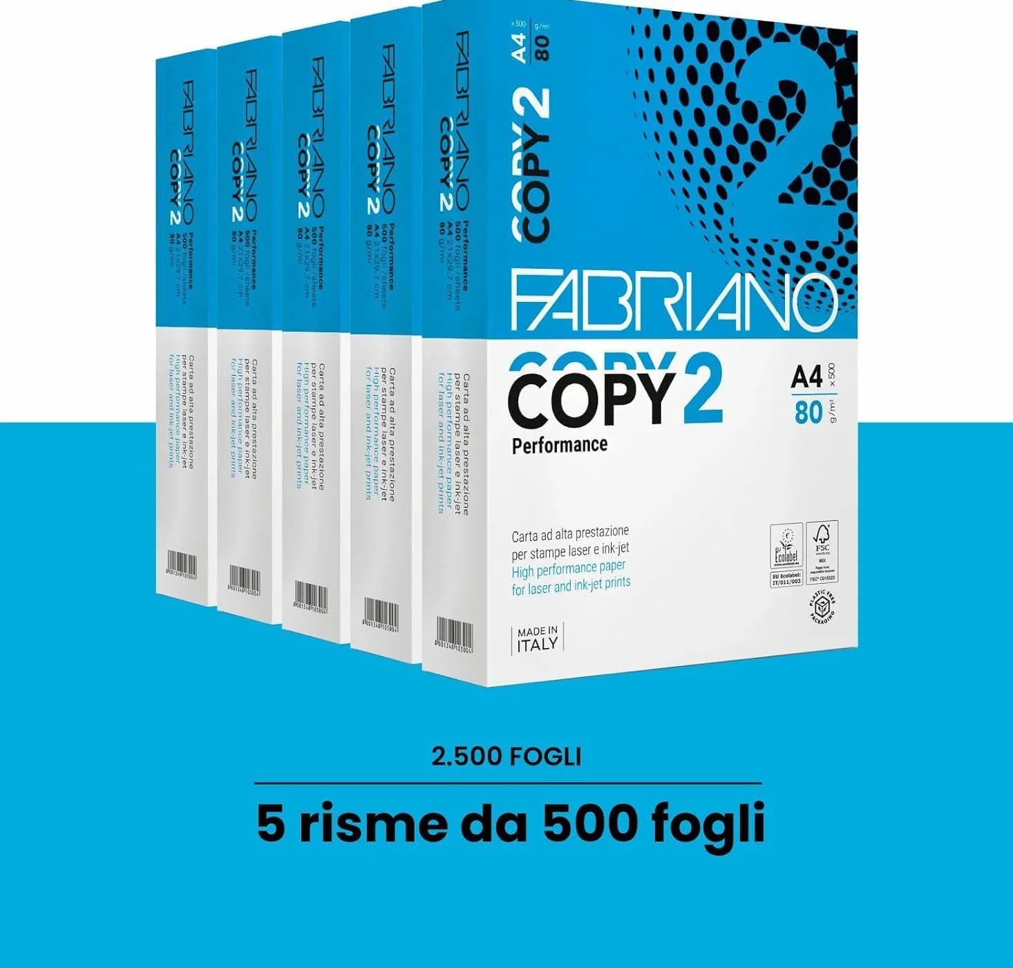 Carta A4 per Stampante Fabriano Copy 2 Amore Animale - 5 Risme da 500 Fogli - 2500 Totali, Carta da 80 gr Per Ufficio, Fotocopie, Multiuso (5 Risme)