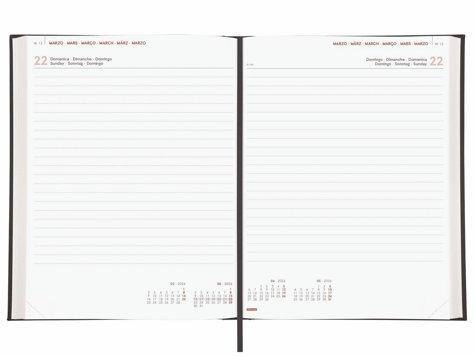 Finocam - Agenda 2026 2 Pagine per Giorno | Gennaio - Dicembre 12 mesi | Agenda Annuale 2026 | Rilegata con Copertina Rigida Imbottita Milano - Nero - Internazionale, Grande Y12-210x270 mm