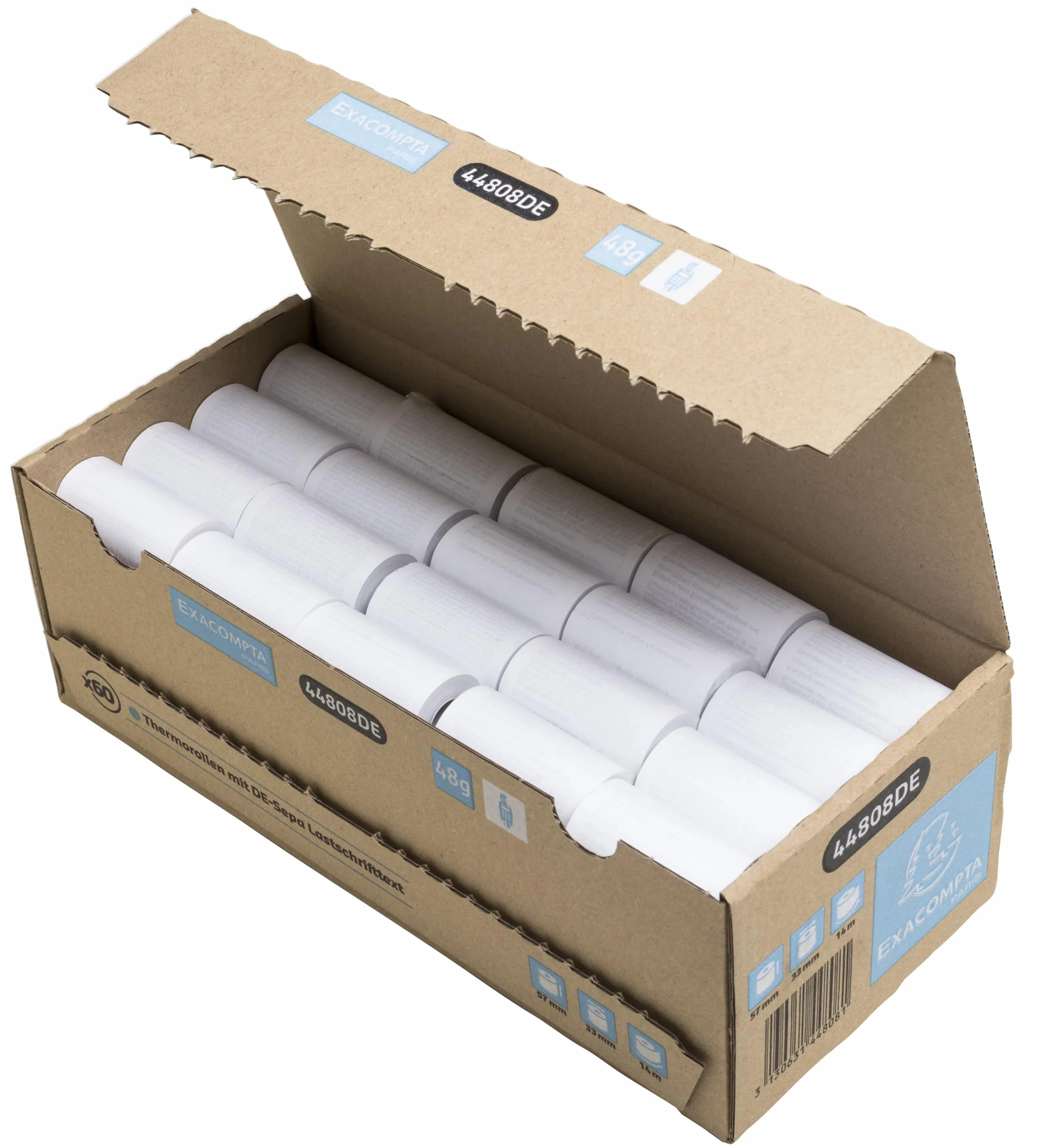 Exacompta 44808DE - Confezione da 60 rotoli di carta termica senza plastica, 1 strato, larghezza: 57 mm, lunghezza: 14 m, diametro: 12 mm, 48 g/m², stampa sul retro per carta SEPA
