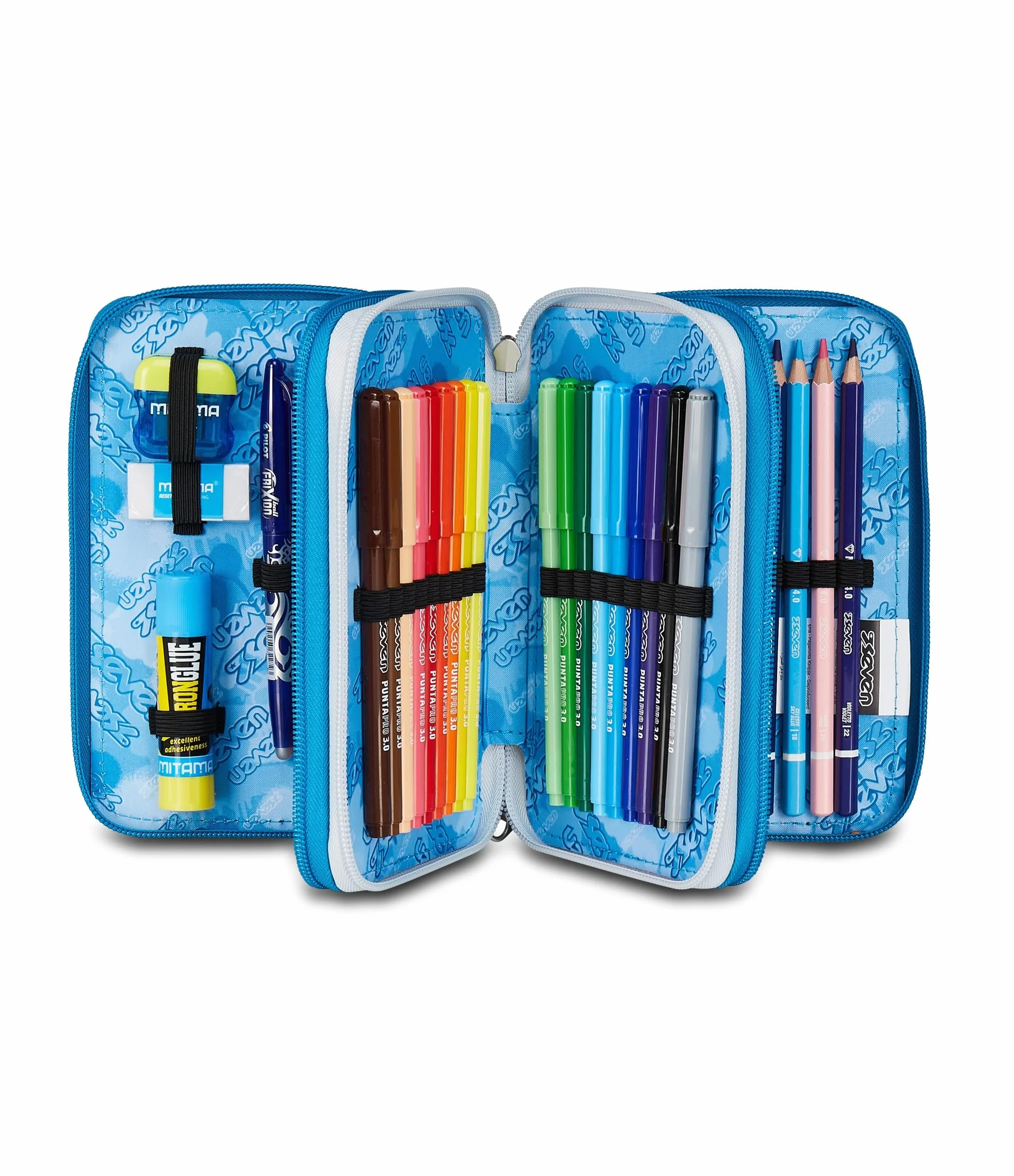 Seven Astuccio Scuola 3 Zip Portapenne Triplo Scomparto Grigio Azzurro