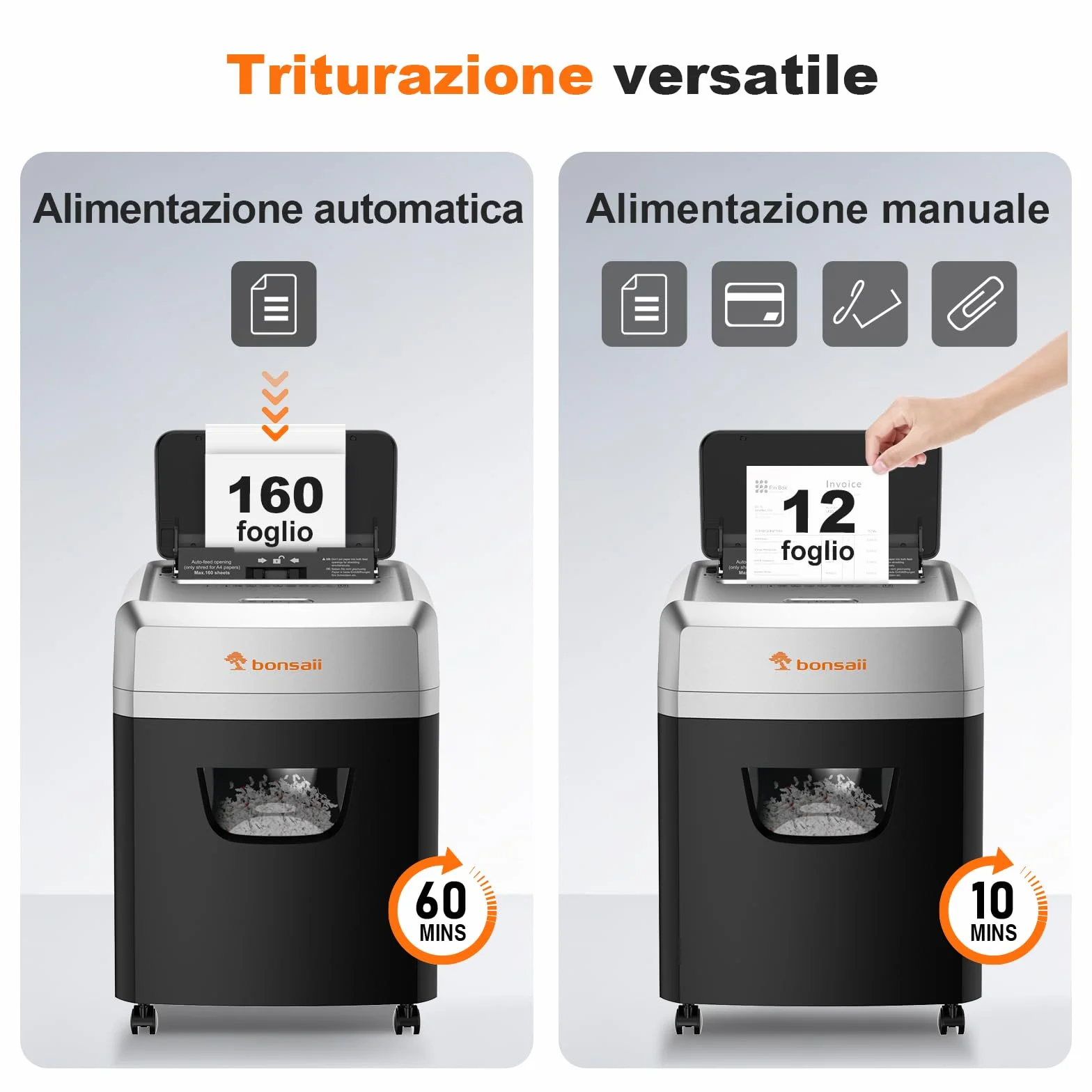 Bonsaii Distruggidocumenti con alimentazione automatica per 160 fogli, taglio a croce P-4, 60 minuti di funzionamento continuo, scatola di scarico da 23 litri, per uso ufficio C290-A