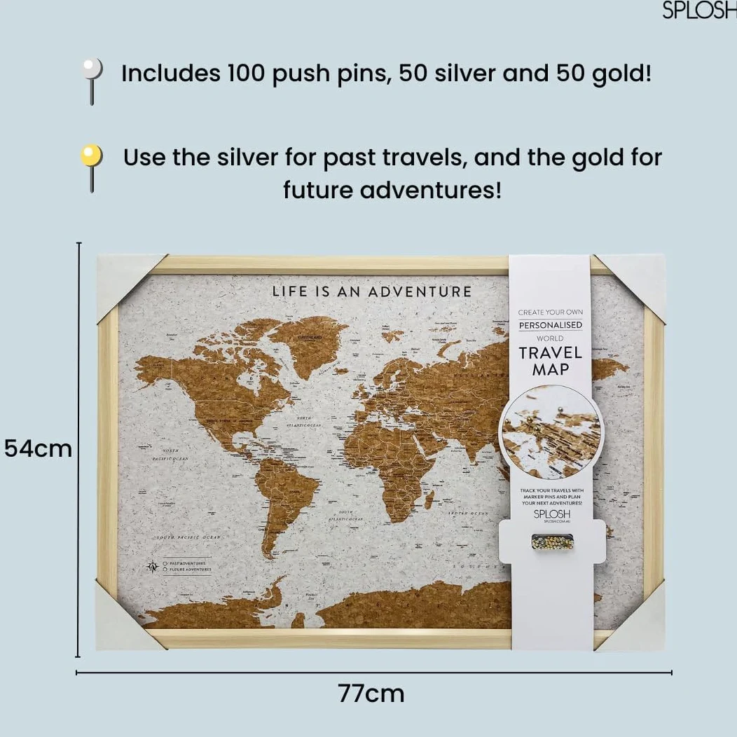 Splosh Medium World Maps. Pin Board Wooden Map. Travel Map Cork Board Map Pin Board. Wooden Board World Map, Corkboard Map Travel Gift, World Map Pin Board. (White)