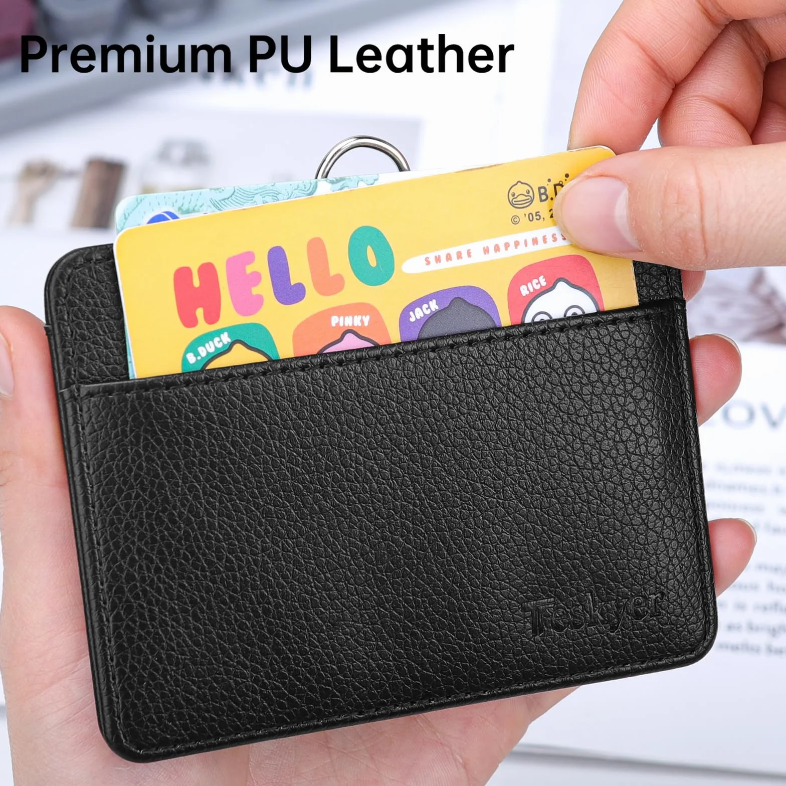 Teskyer Porta Badge da Collo 2 Slot Carte in Pelle Martellata Nero