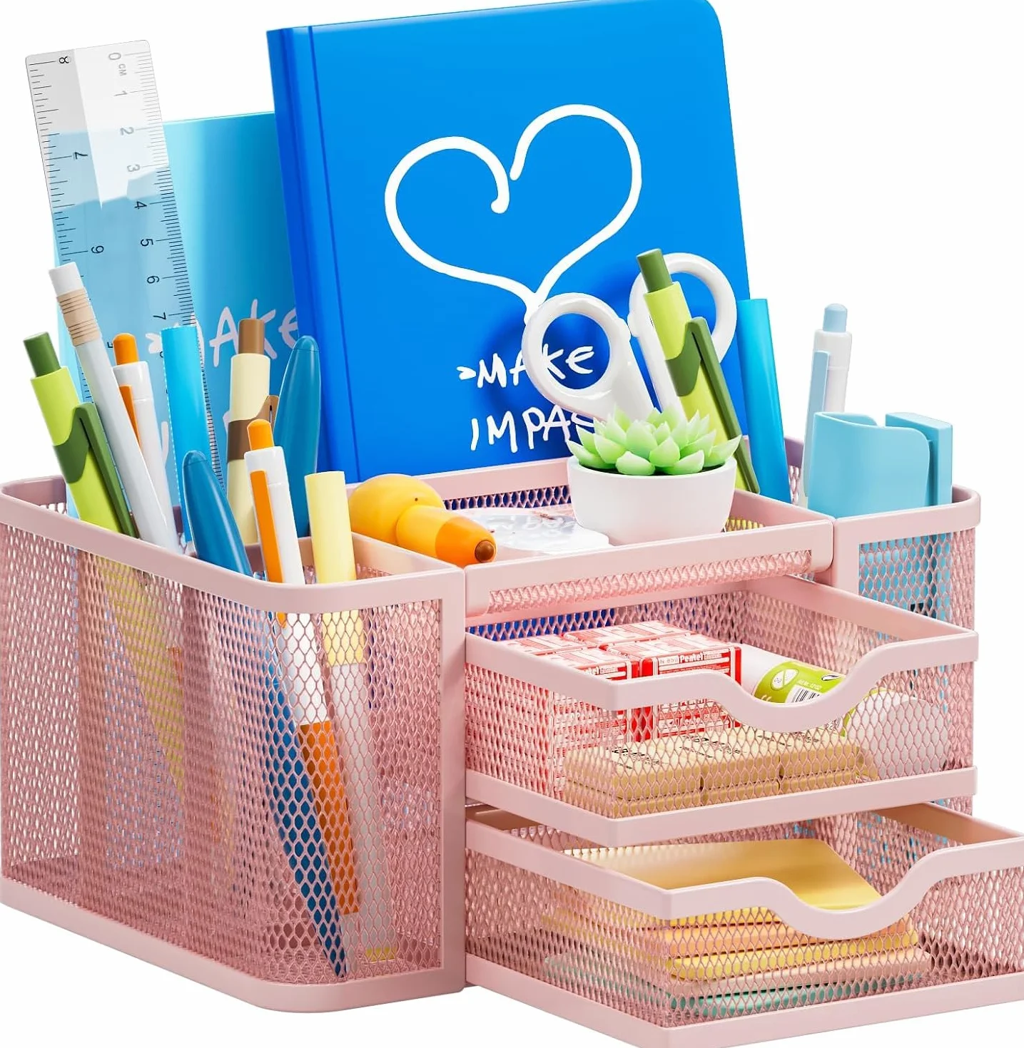 Marbrasse Organizer Scrivania con Cassetti, Porta Penne da Scrivania in Rete Metal, Rosa