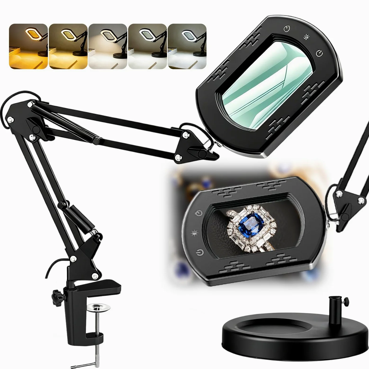Lente d'ingrandimento rettangolare 15X con 5 modalità di colore, dimmerabile continuamente, lampada da scrivania 2 in 1 illuminata a LED e morsetto con supporto, lente d'ingrandimento a mani libere