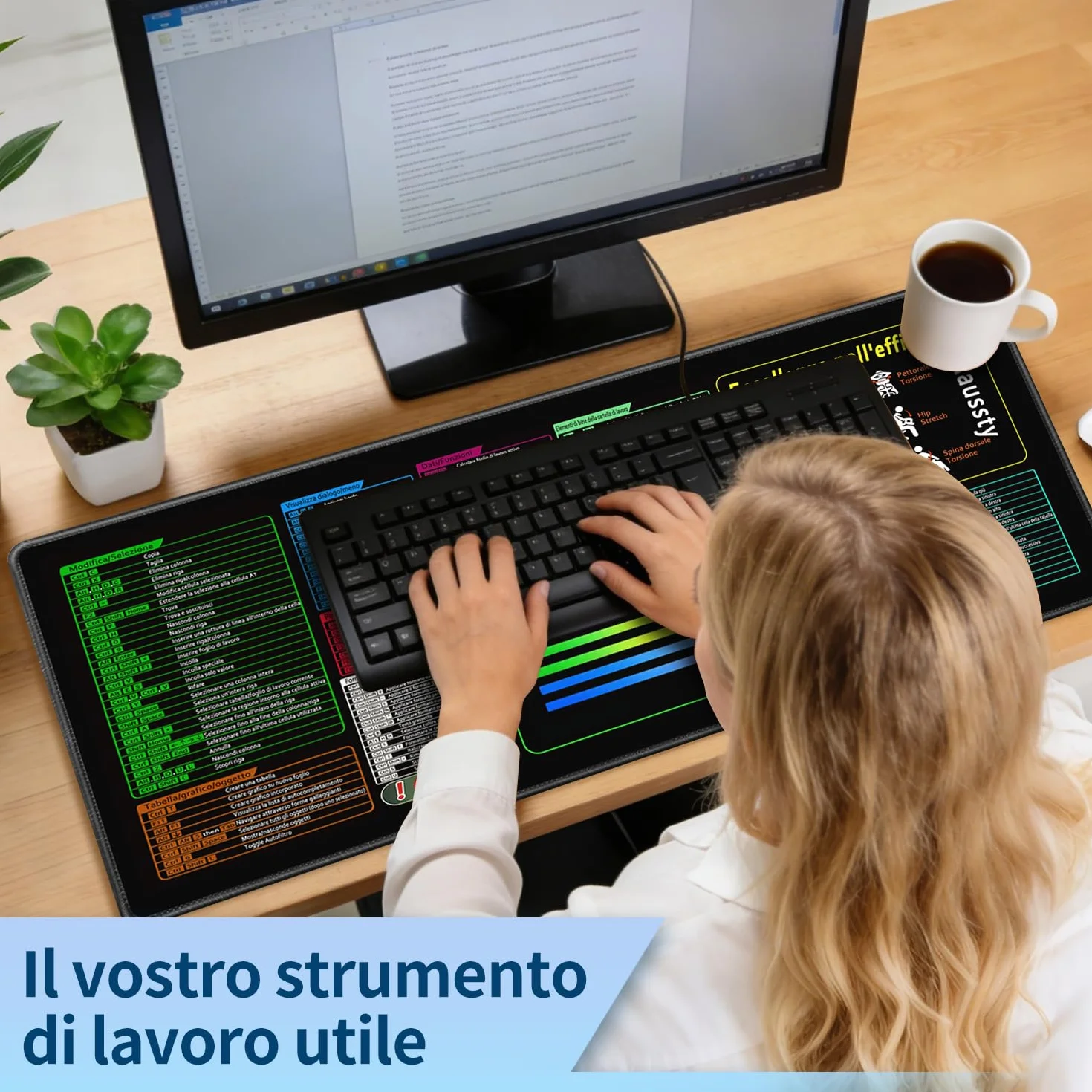 Tappetino Mouse XXL 900x400mm Impermeabile Antiscivolo per Scrivania con Scorciatoie Excel