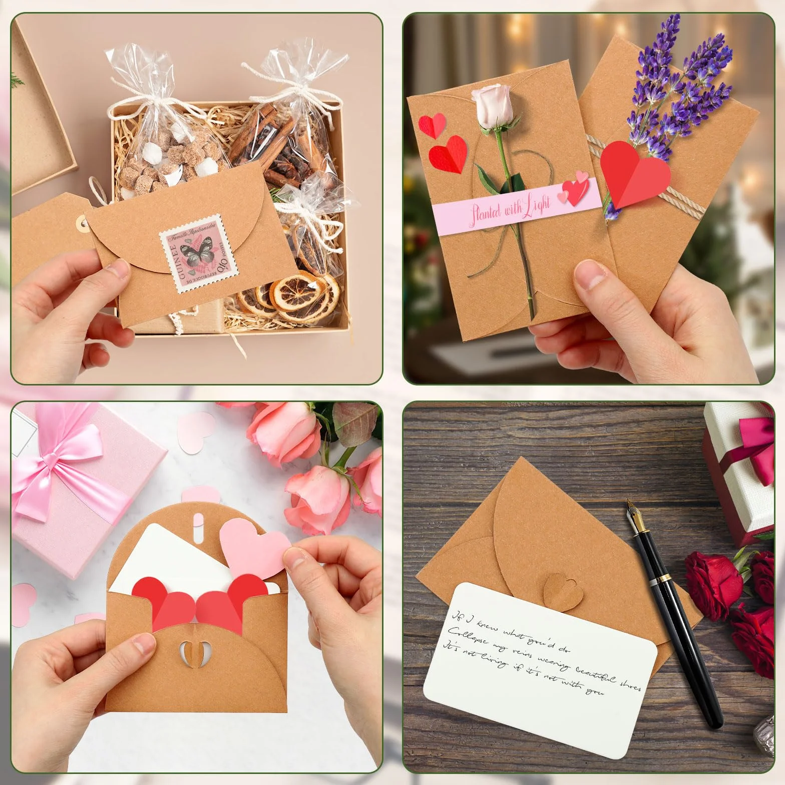 Buste di Carta Kraft 10.5x7cm con Carte Bianche, Chiusura a Cuore Farfalla per Regali Fai da Te