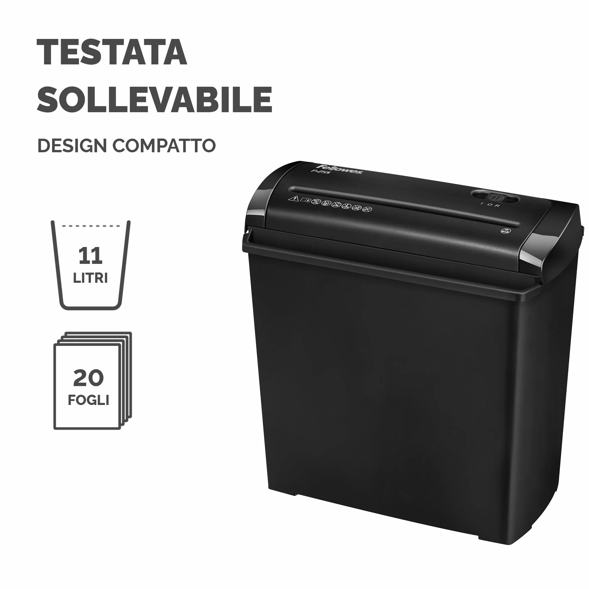 Fellowes Distruggidocumenti domestico - a strisce 5 fogli uso personale - ufficio cestino 11L - Powershred P-25s - Livello di sicurezza P1 - Nero