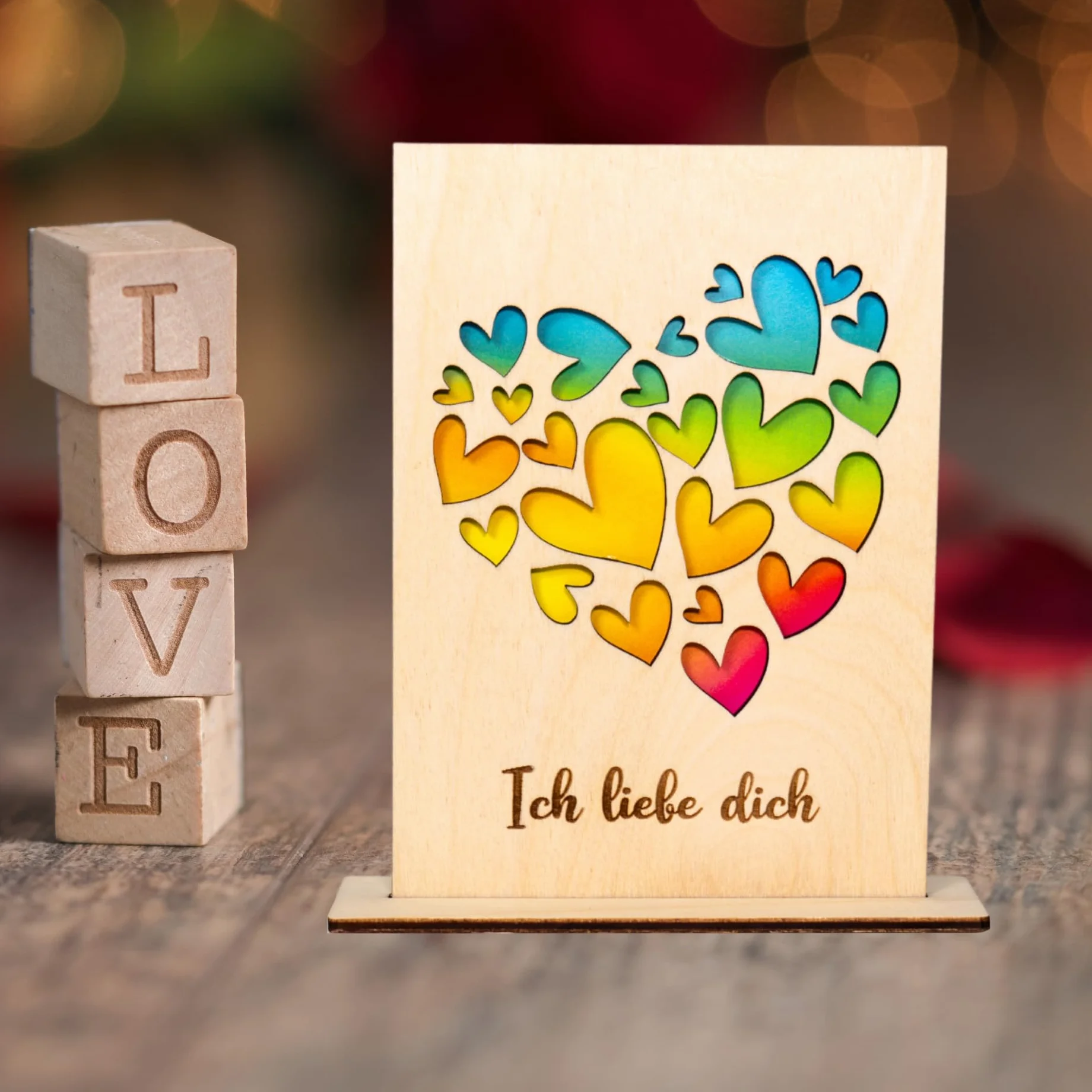 Biglietto di San Valentino in legno di betulla, regalo romantico tagliato al laser