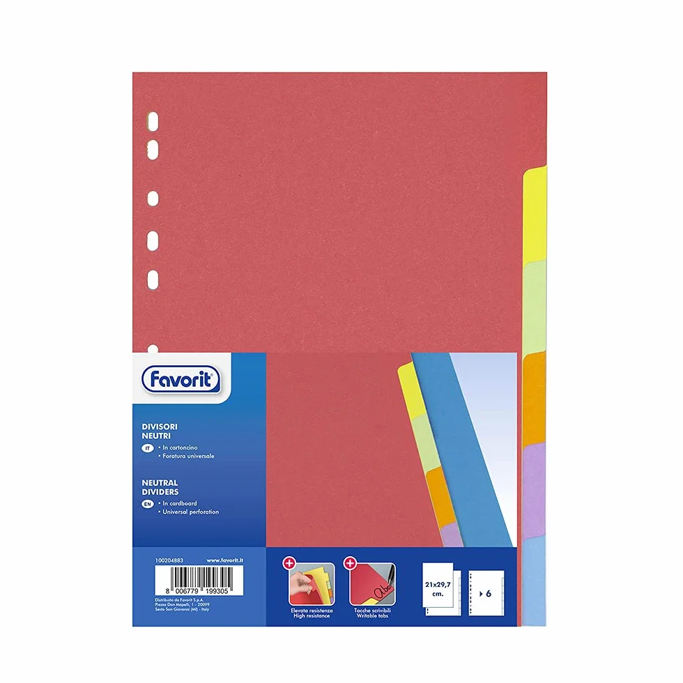 Favorit Divisori a Foratura Universale per Raccoglitori ad Anelli 6 Tacche Neutre Colorate Personalizzabili A4 225 g/m²