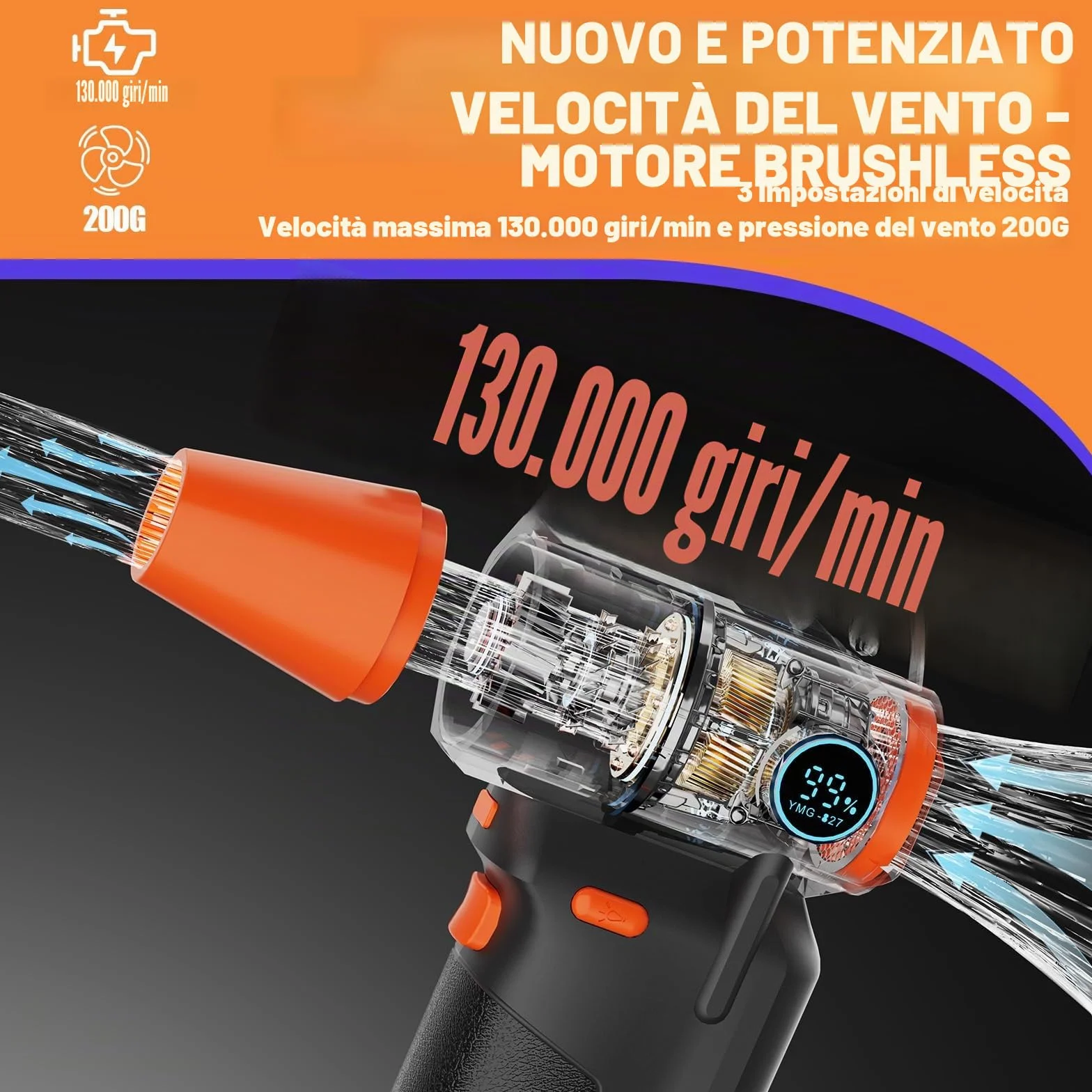 Soffiatore a Batteria - 130000 giri/min - Piumino ad aria compressa a batteria Super Power con getto d'aria e luce LED, ventola regolabile su 3 velocità per PC, tastiera, esterni, casa e auto