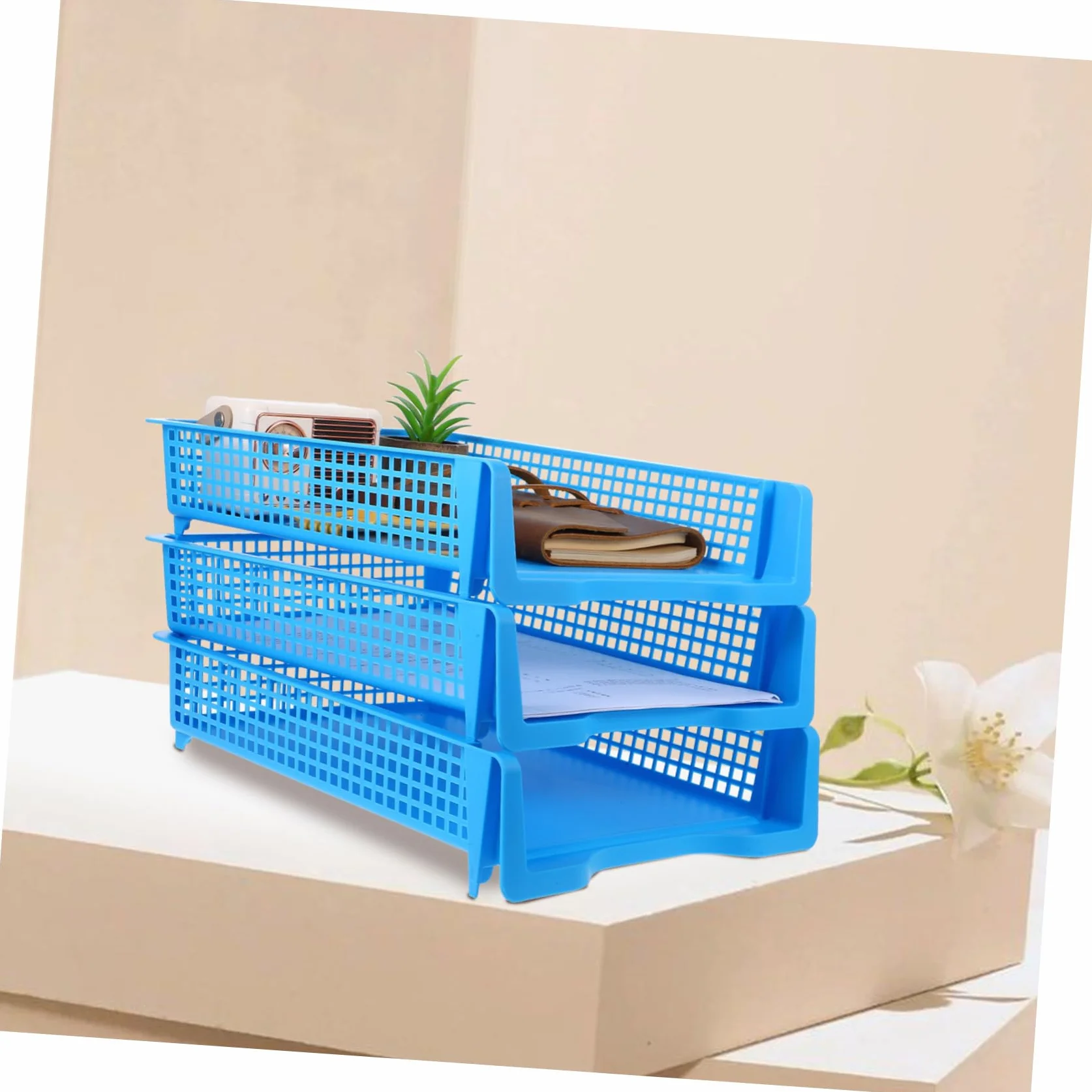 Homoyoyo Set da 3 Vaschette Portadocumenti Impilabili in Plastica Blu, Organizer Multifunzionale per Ufficio e Aula Design Minimale e Funzionalità Versatile
