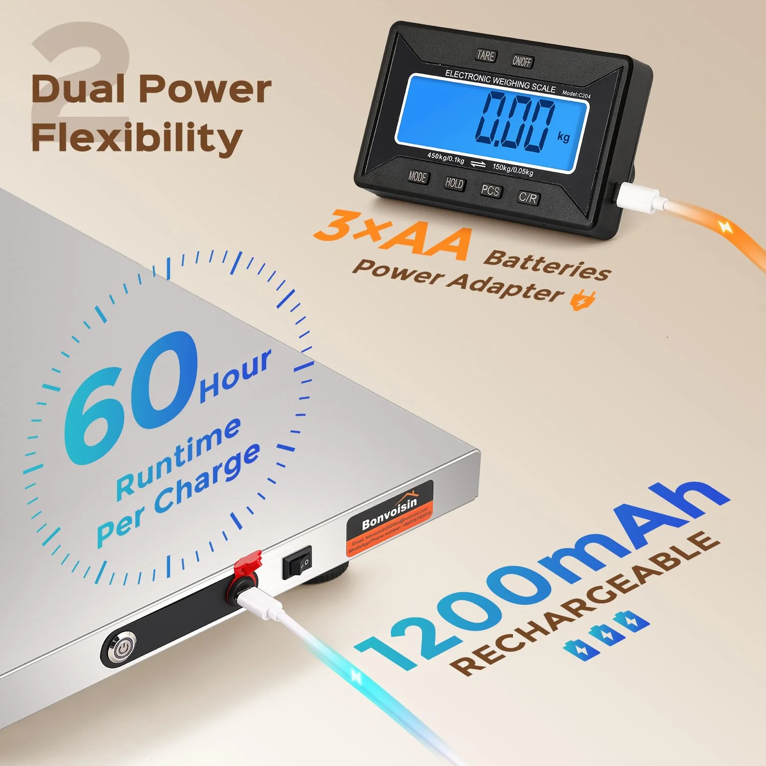 Bonvoisin Bilancia Postale Senza Fili 450kg/660lb con Display LCD Separato, Piattaforma Acciaio Inox, Doppia Alimentazione a Batterie & Rete, kg/lb/oz/lb:oz, Funzioni TARA/HOLD/COUNT (450kg GB)