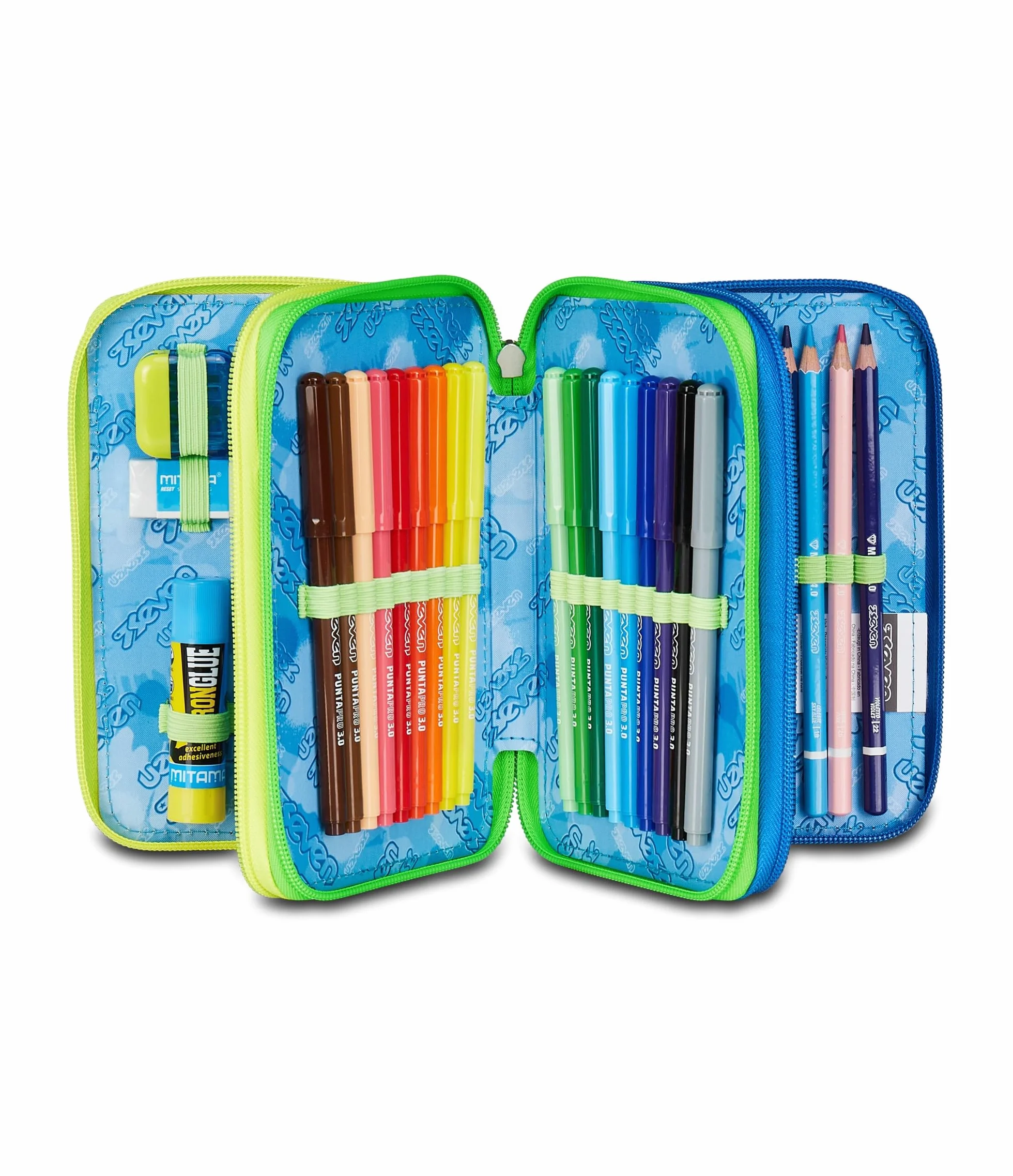 Seven Astuccio Scuola 3 Zip Nero Verde Portapenne Triplo Scomparto Completo