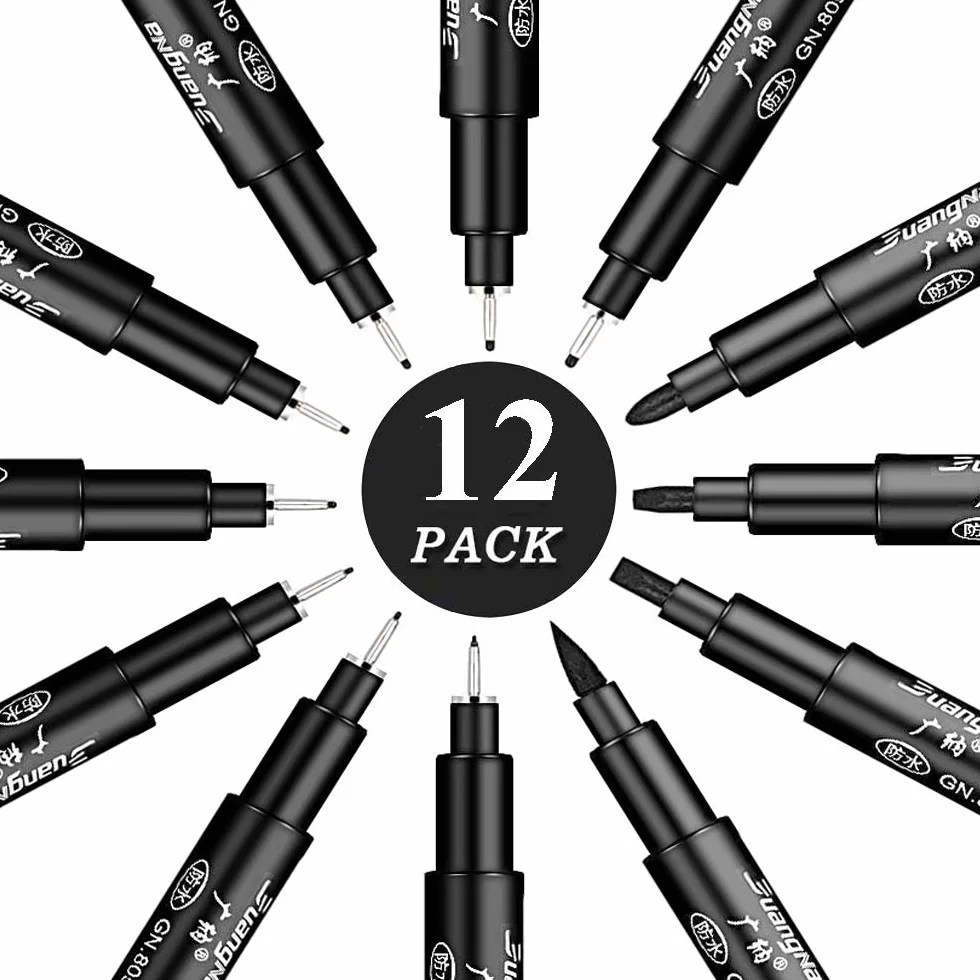 Black Fineliner Pen Set 12-Piece Micro Liner Drawing Sketching Pens