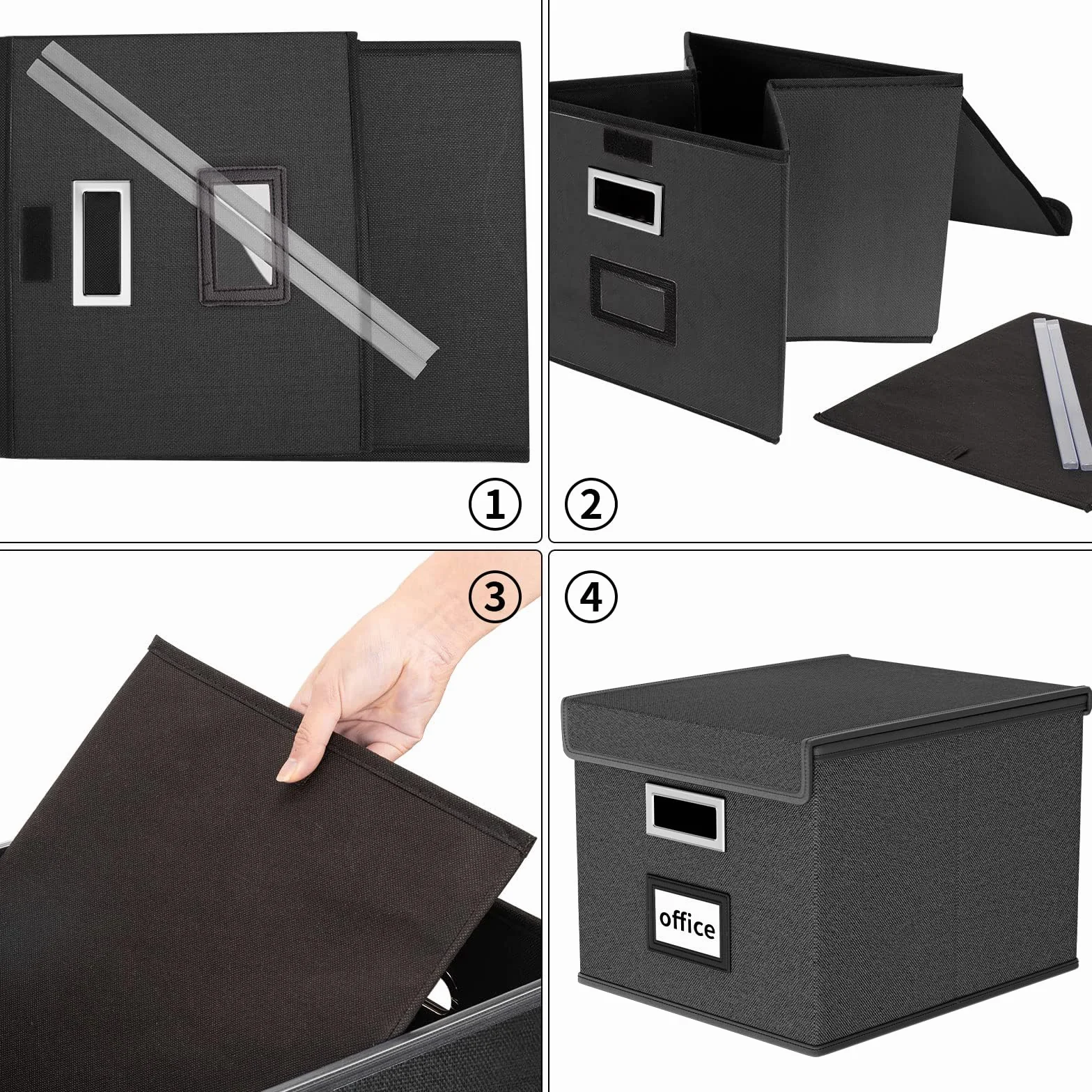 FINEW Scatola portaoggetti pieghevole in tessuto con coperchio, per cartelle sospese, formato DIN A4, scatole per ufficio, scatola pieghevole per famiglie (nero)