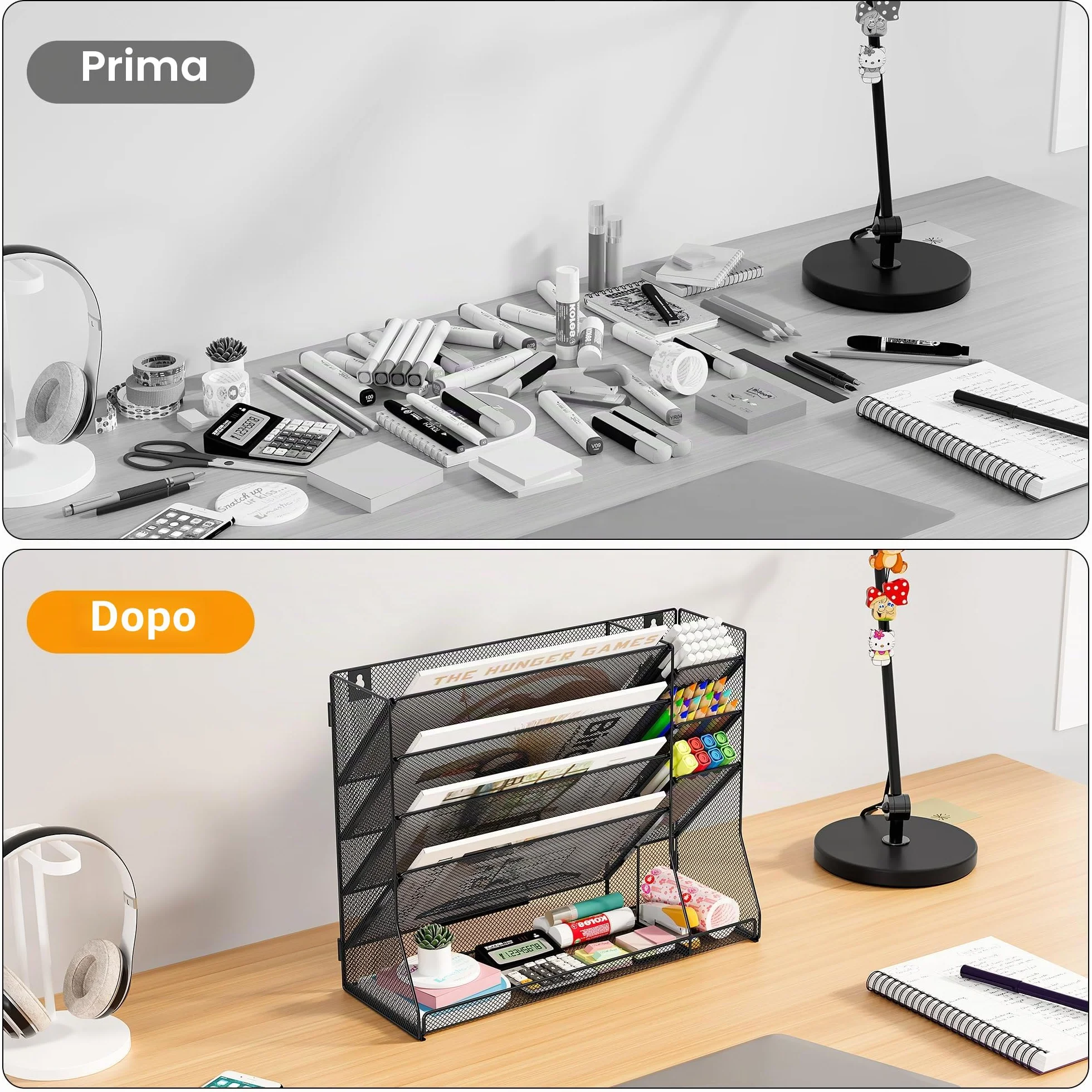 TQVAI 5 Ripiani Organizer Documenti Parete con 3 Scomparti Porta Penne Organizer Scrivania Metallo Portariviste Parete Scaffale per Documenti A4 Organizzatore Ufficio Casa, Nero