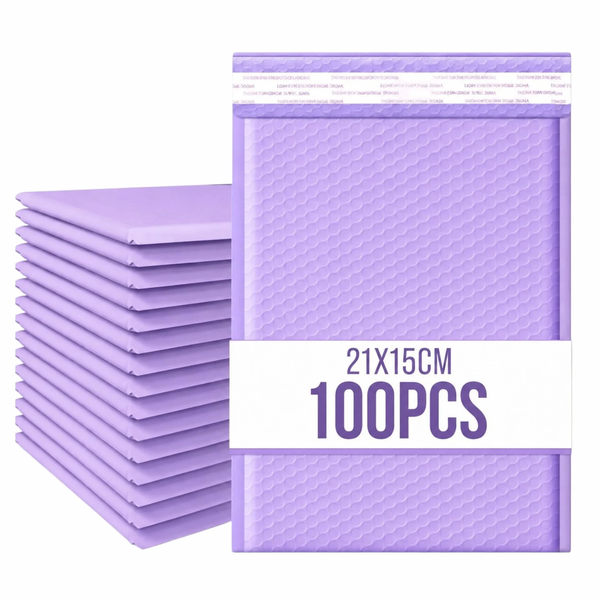 100 sacchetti postali impermeabili con forte adesivo, imbottiti a bolle, a prova di manomissione, durevoli, protettivi, autosigillanti, diversi colori (viola, 21 x 15 cm)