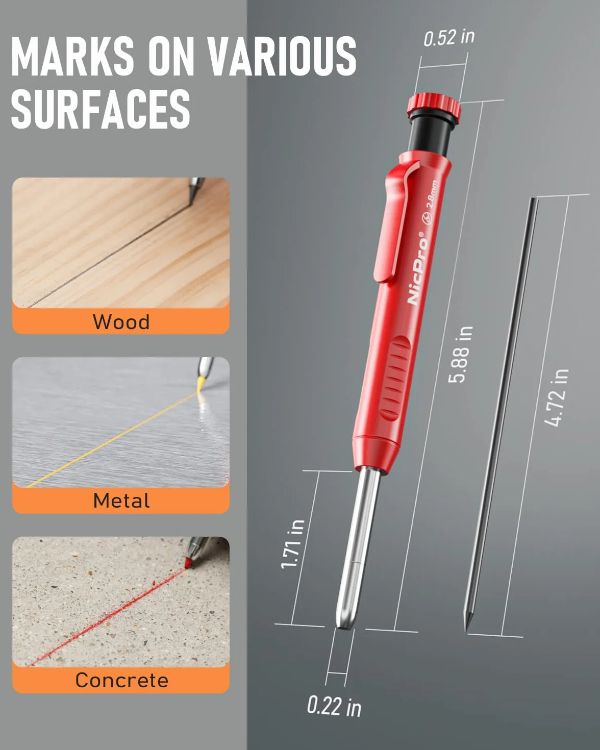 Nicpro Set di matite meccaniche da carpentiere 76 ricariche 5 pezzi colorati lavorazione legno fori profondi temperamatite gomme