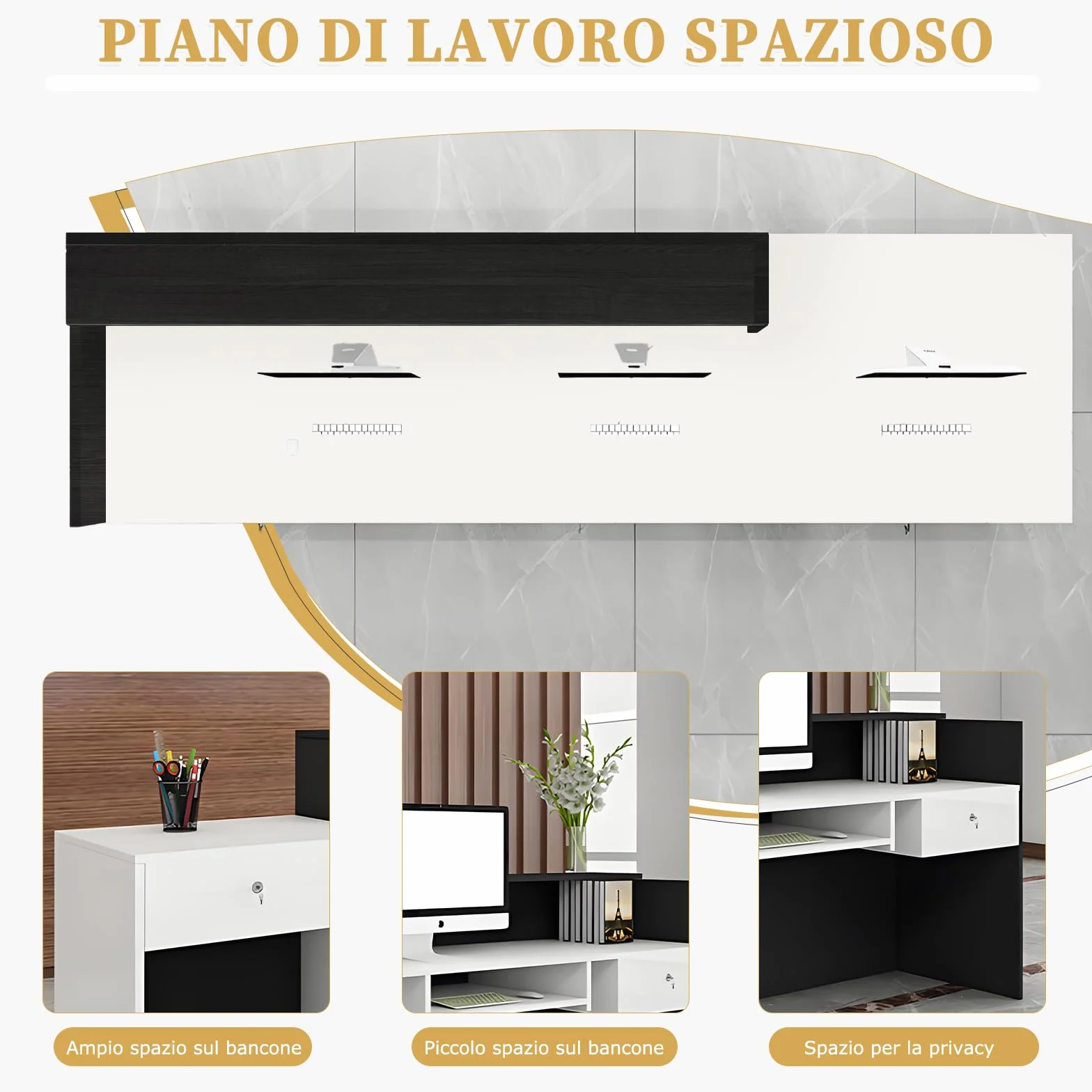 Bancone Reception, Banco Reception con Cassetto e Ripiani Aperti, Banconi Reception da 100–240 cm, Moderno per Ufficio, Adatto per Saloni, Yffici, Hall, Negozi al Ddettaglio