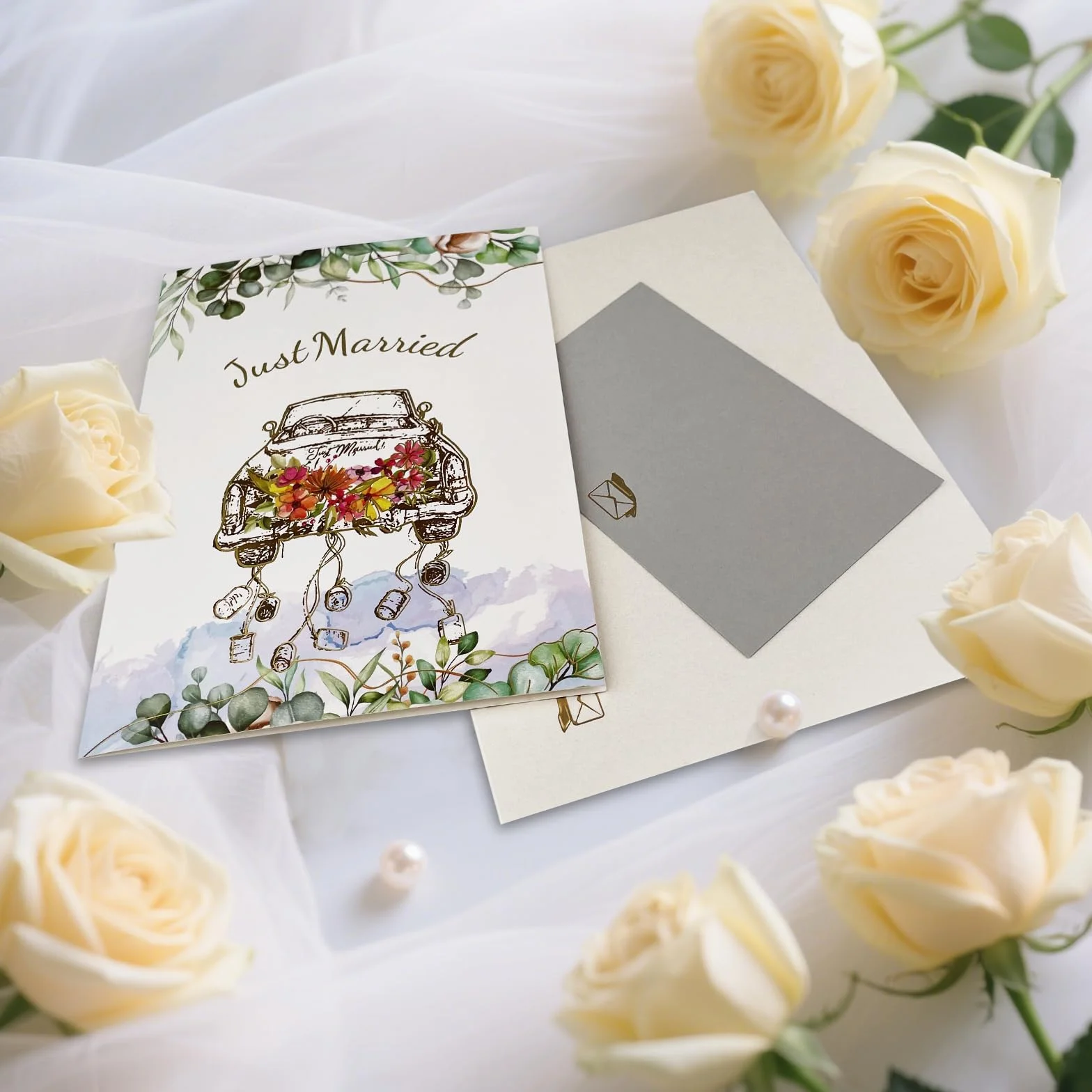 Elegante Biglietto Pop-Up 3D con Auto Just Married per Matrimonio, Regalo in Denaro per Viaggio di Nozze